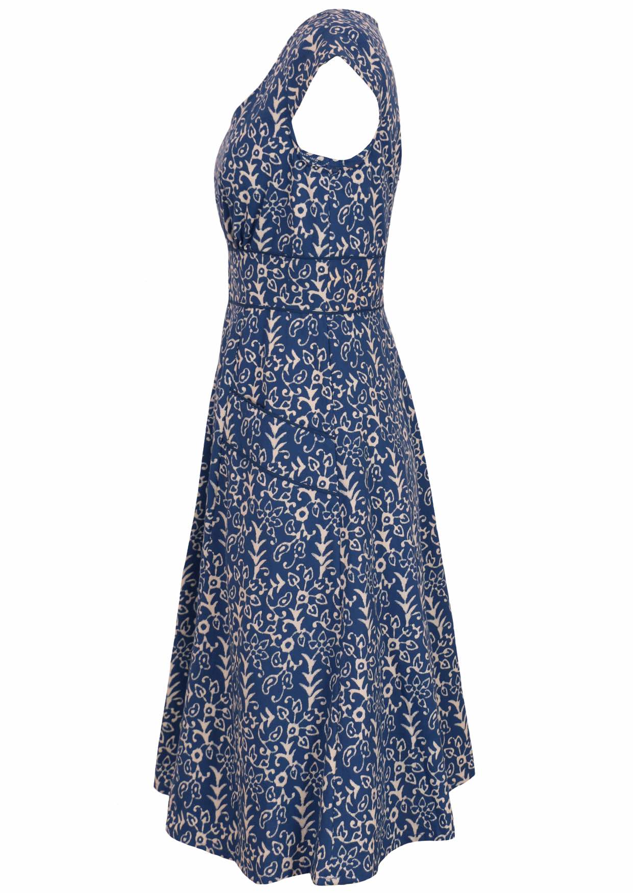 Blue 100 percent cotton scoop neck retro dress with pockets side mannequin view