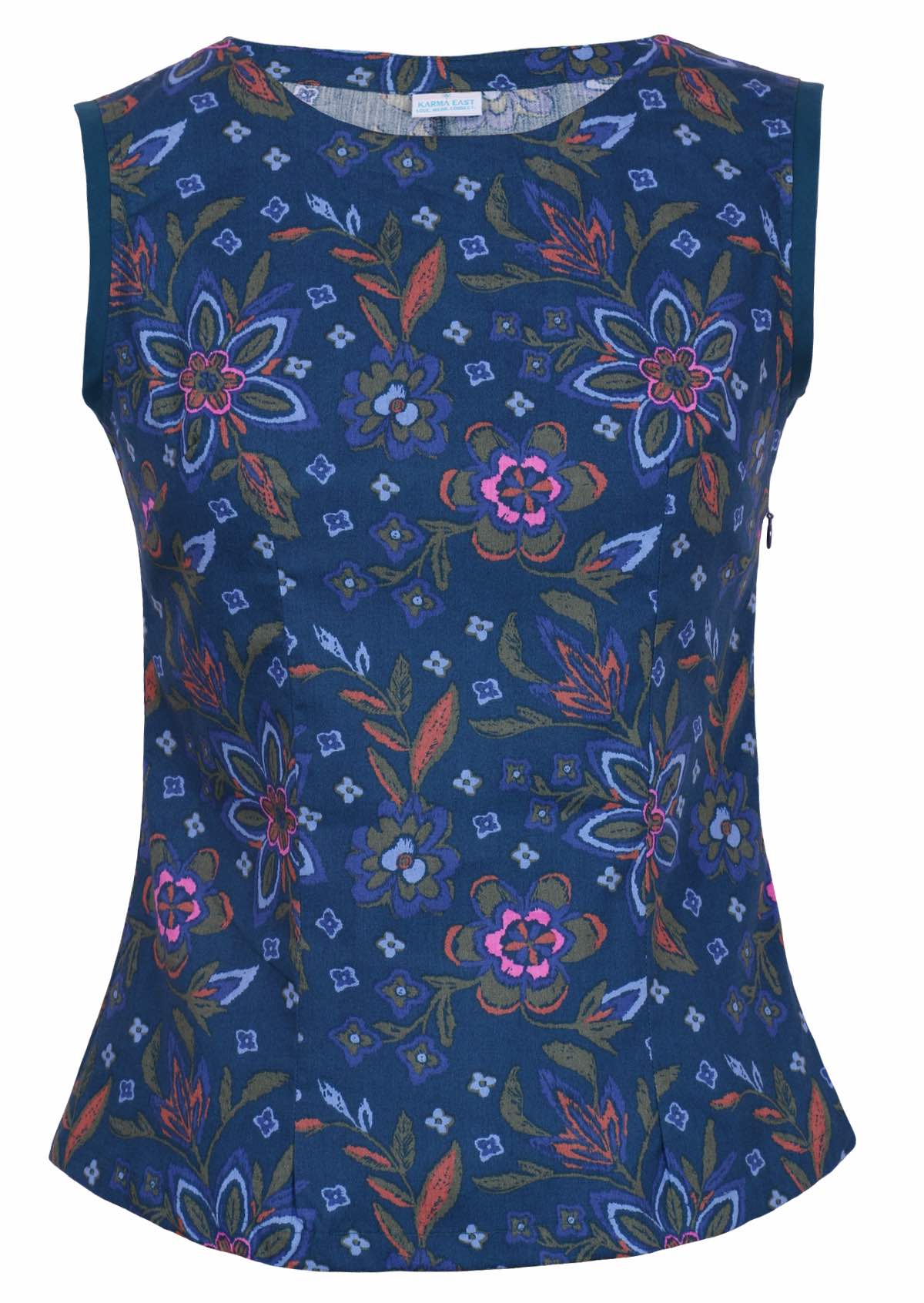 Round neck cotton top has a floral pattern. 