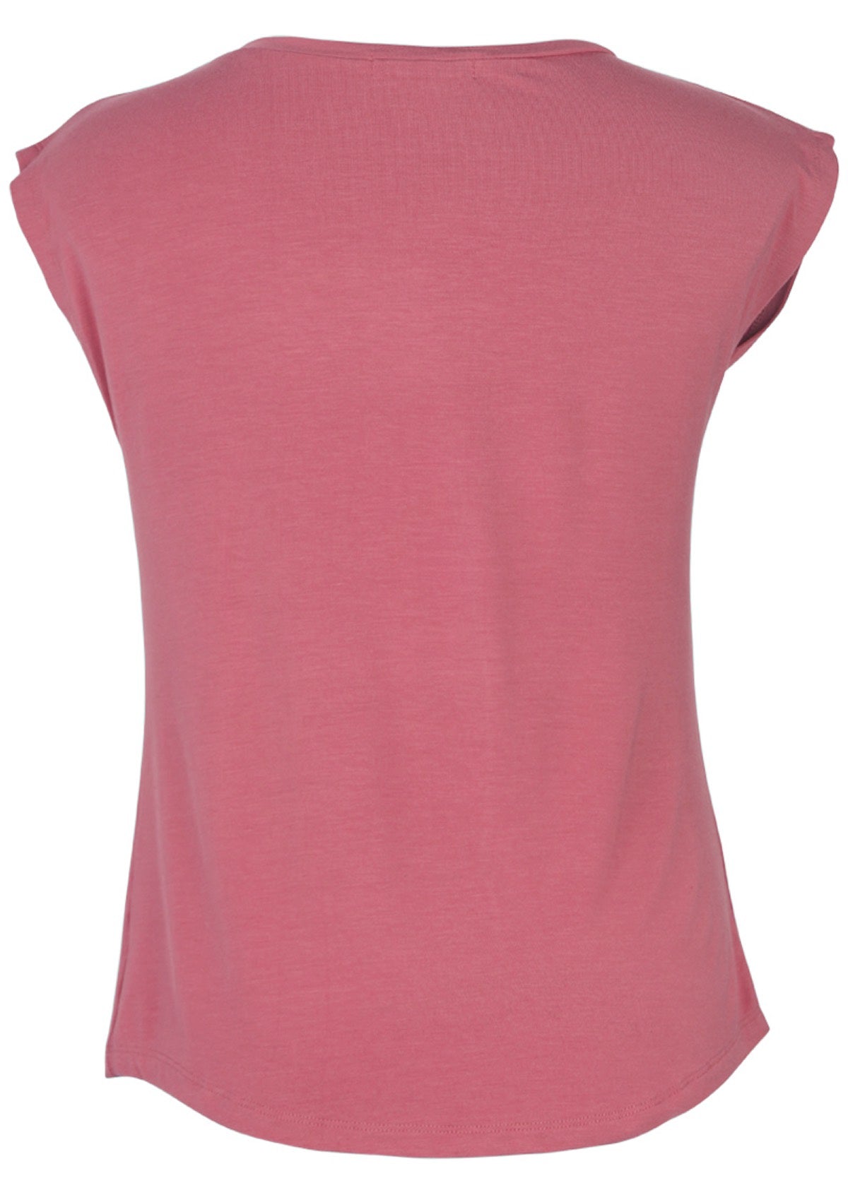 Back view of a women's pink v-neck short cap sleeve rayon top