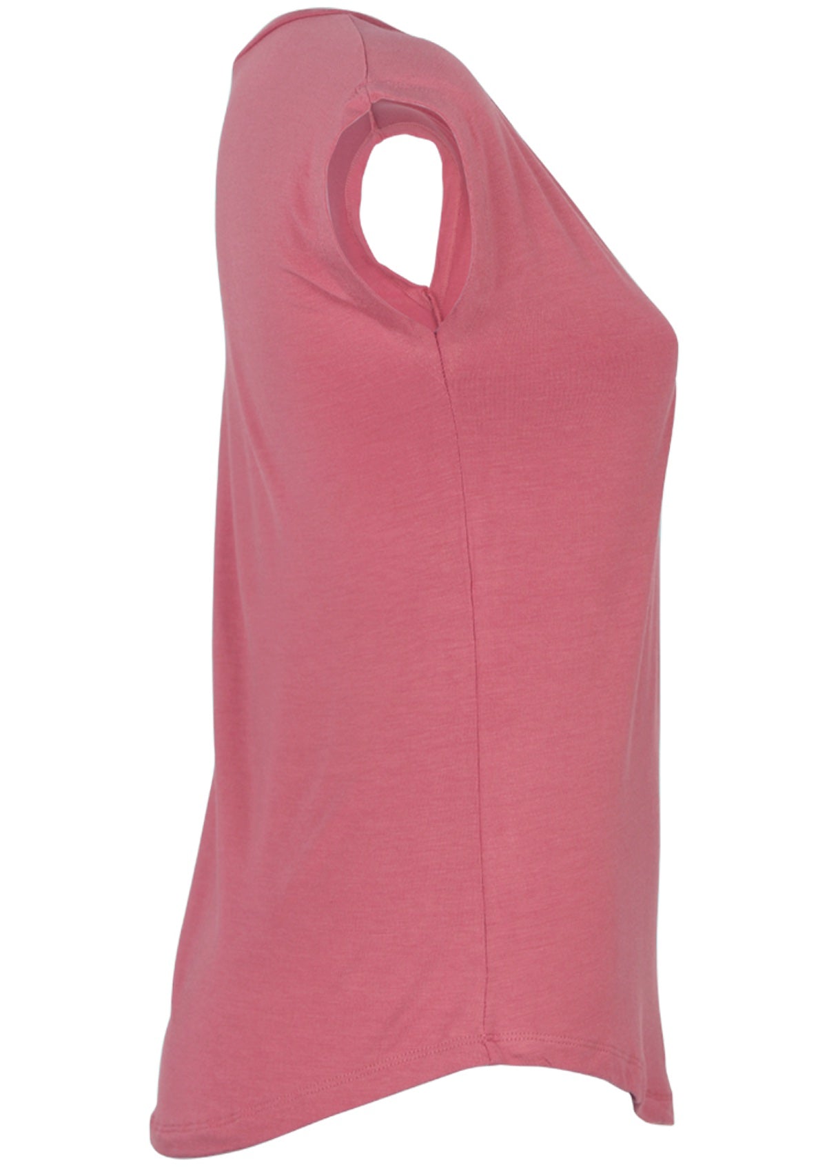 Side view of a women's pink v-neck short cap sleeve rayon top