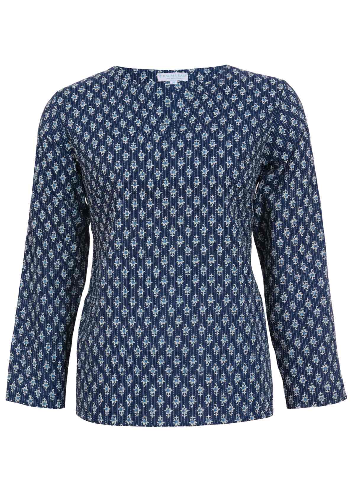 100% cotton blue blouse with a round neckline featuring a keyhole cutout. 