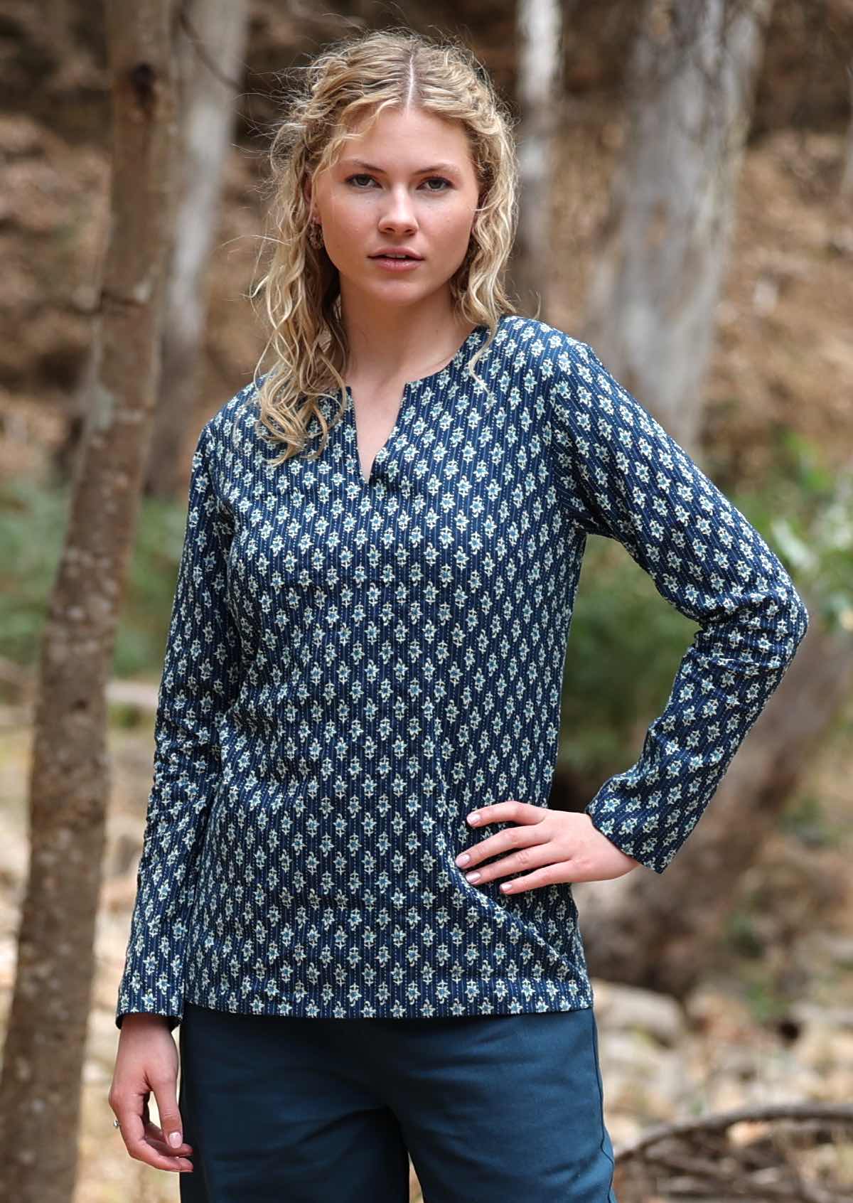 Lightweight cotton long sleeve top with cutout in neckline