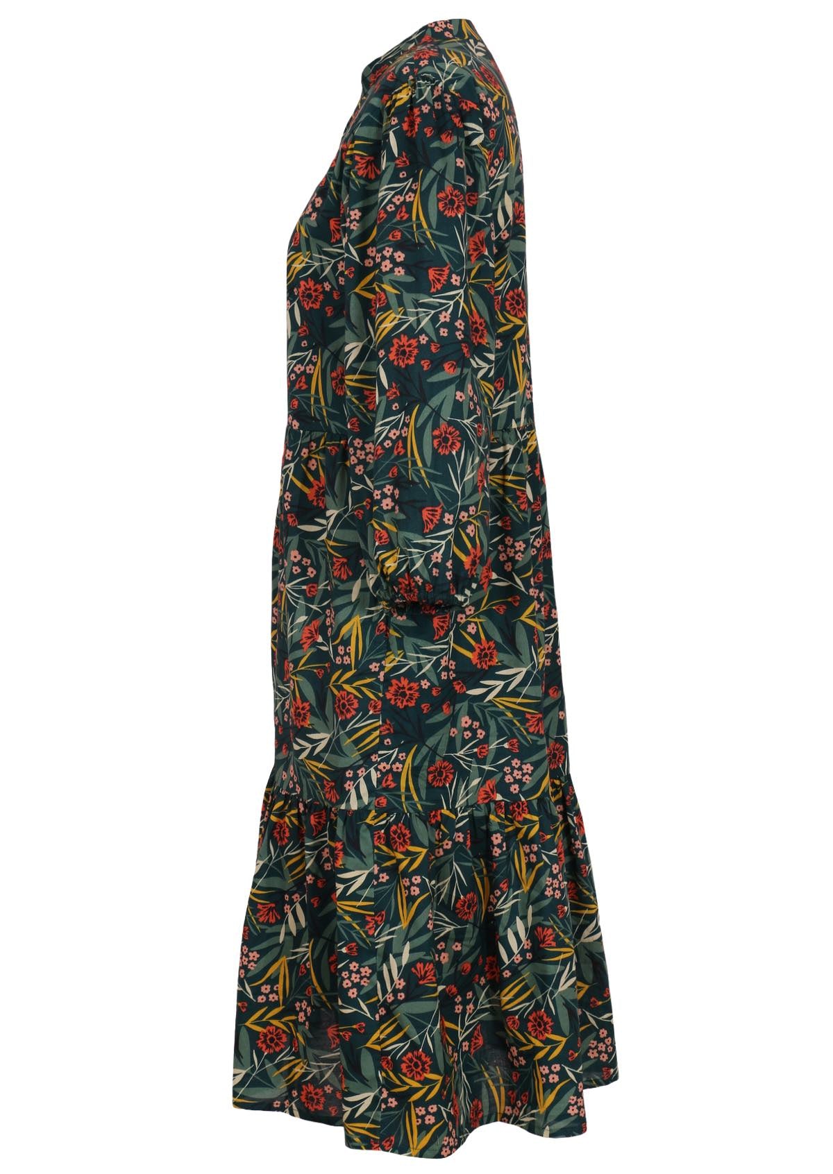 Green base floral print cotton dress with two tiered skirt