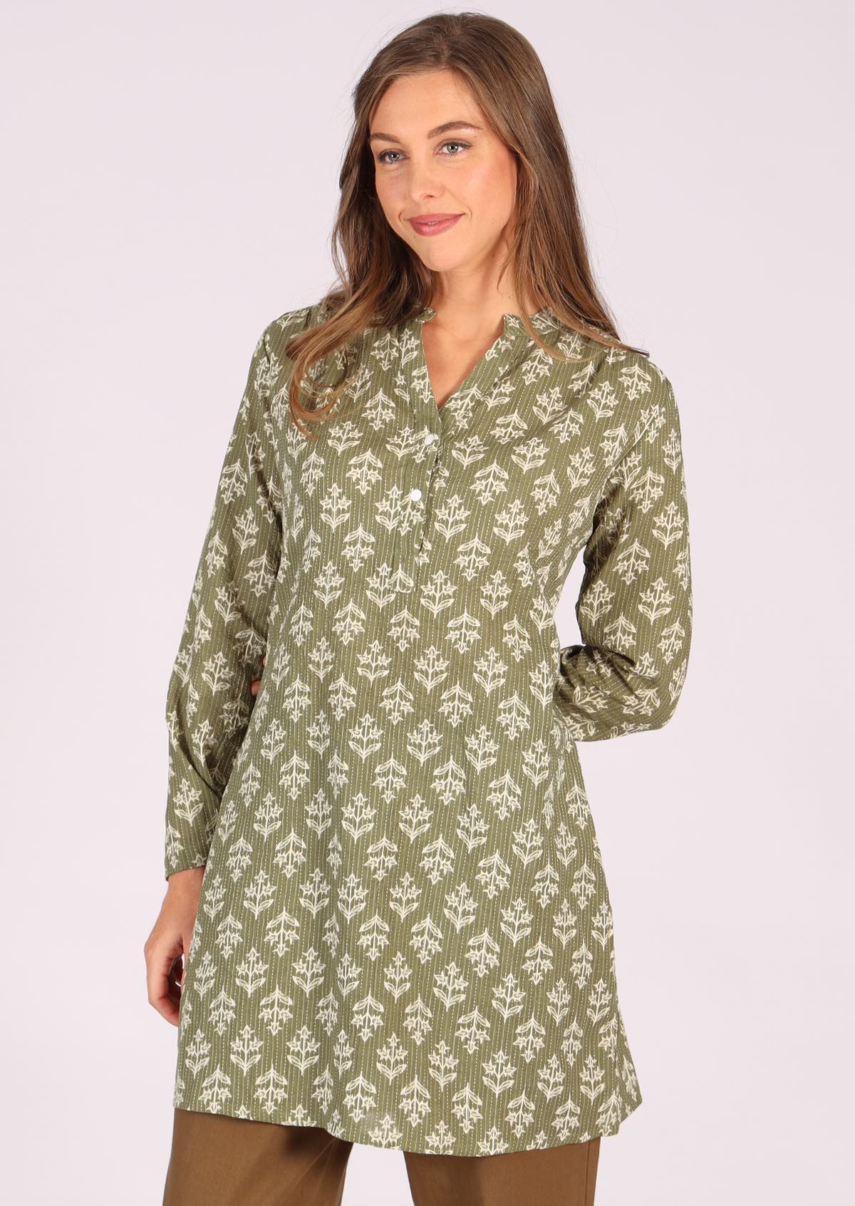 100% cotton shirt dress in green with flowers and kantha stitching