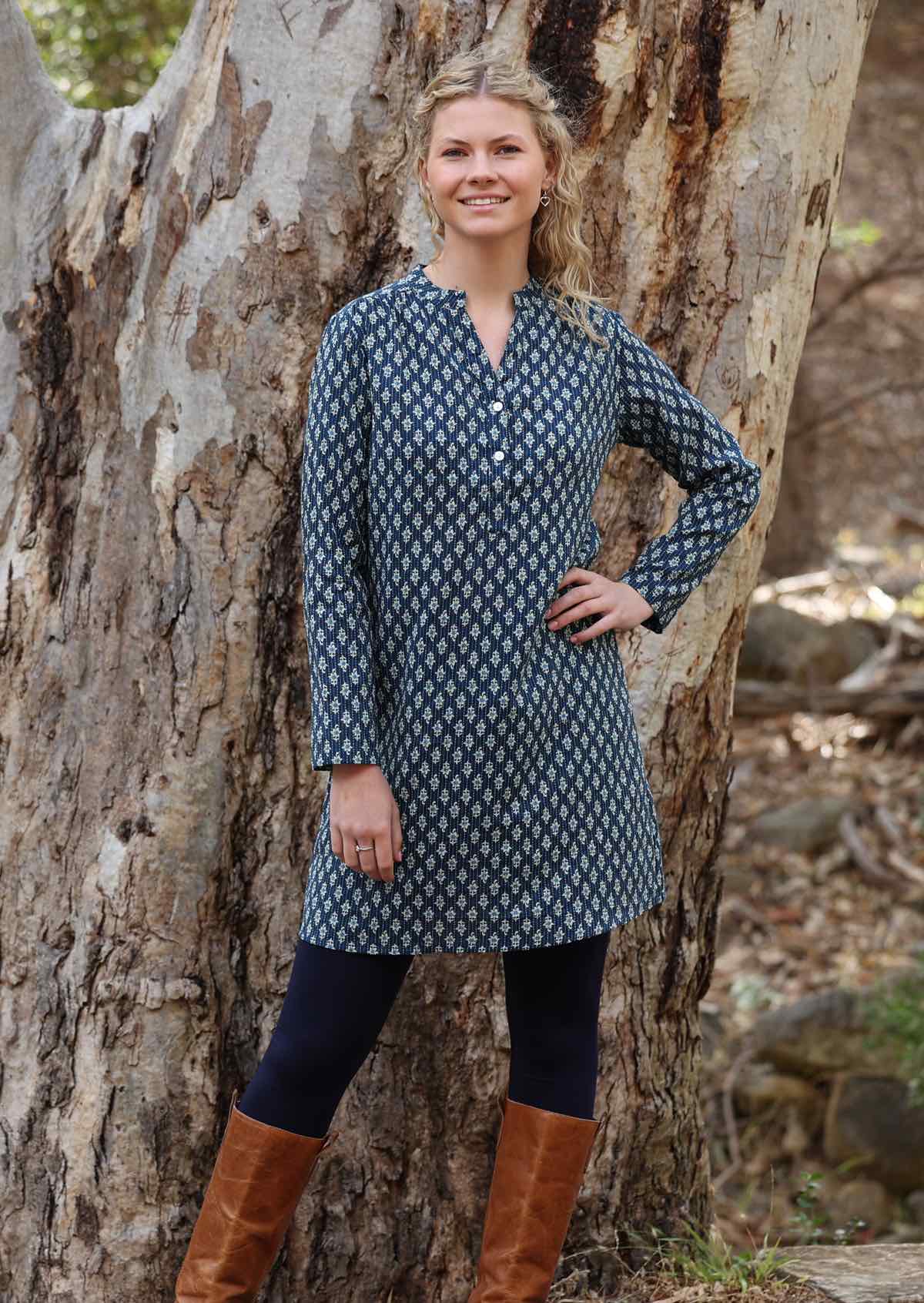 Lightweight cotton long sleeve tunic with sweet floral print on blue base