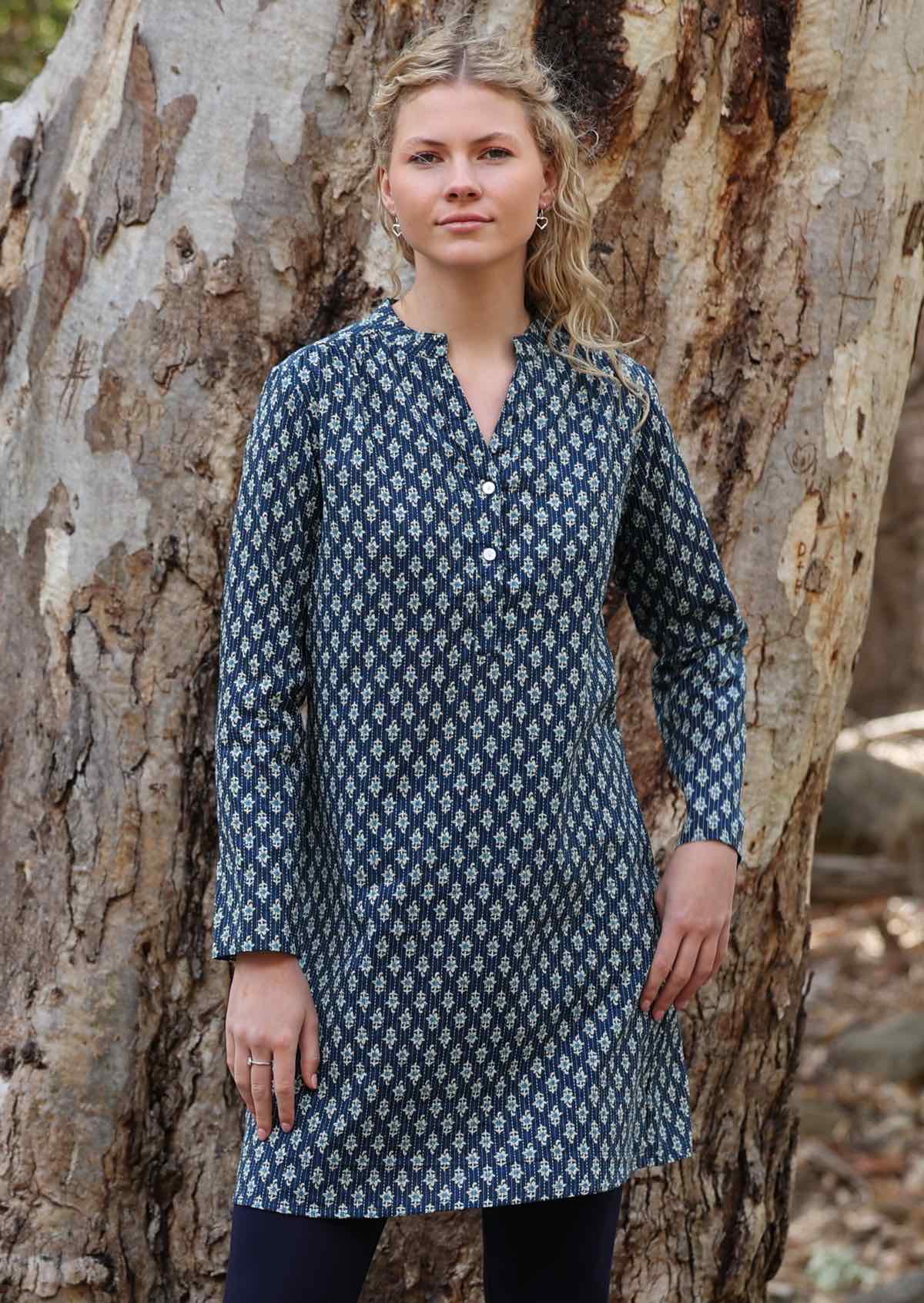 Lightweight cotton tunic with sweet flowers on blue base