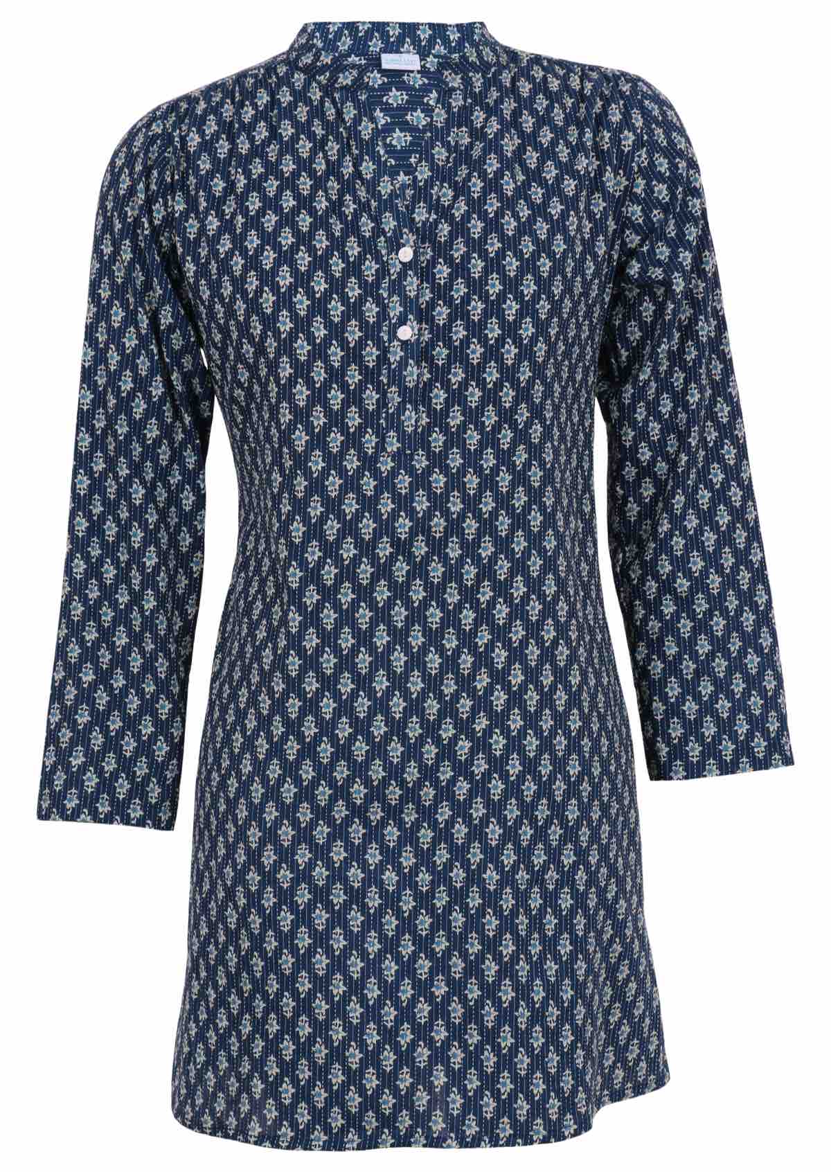 100% cotton tunic with blue florals and kantha stitches. 