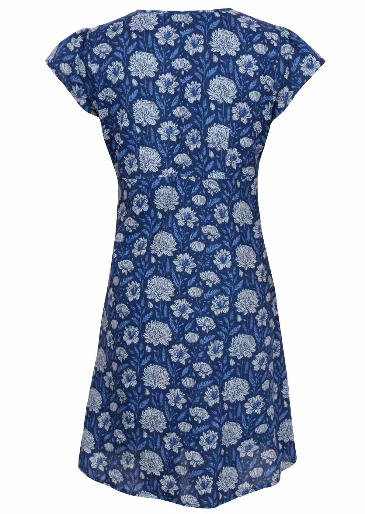 Back mannequin photo of cotton dress with cap sleeves in light blue and white floral design