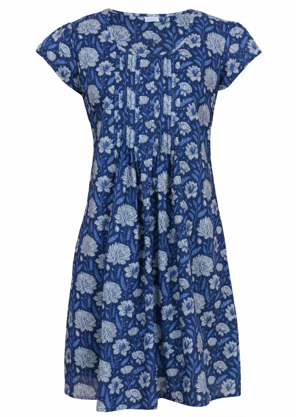 Front mannequin photo of cotton dress with round neckline in light blue and white floral design