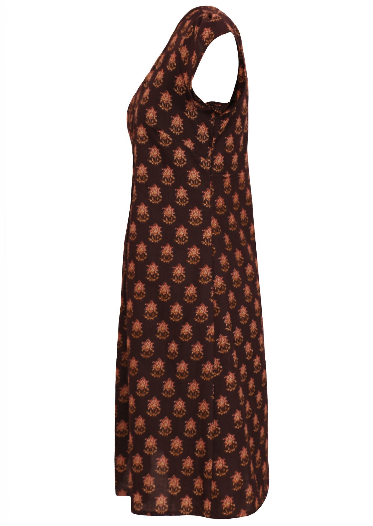 100% soft cotton dress in red, cream and tan florals on brown base.