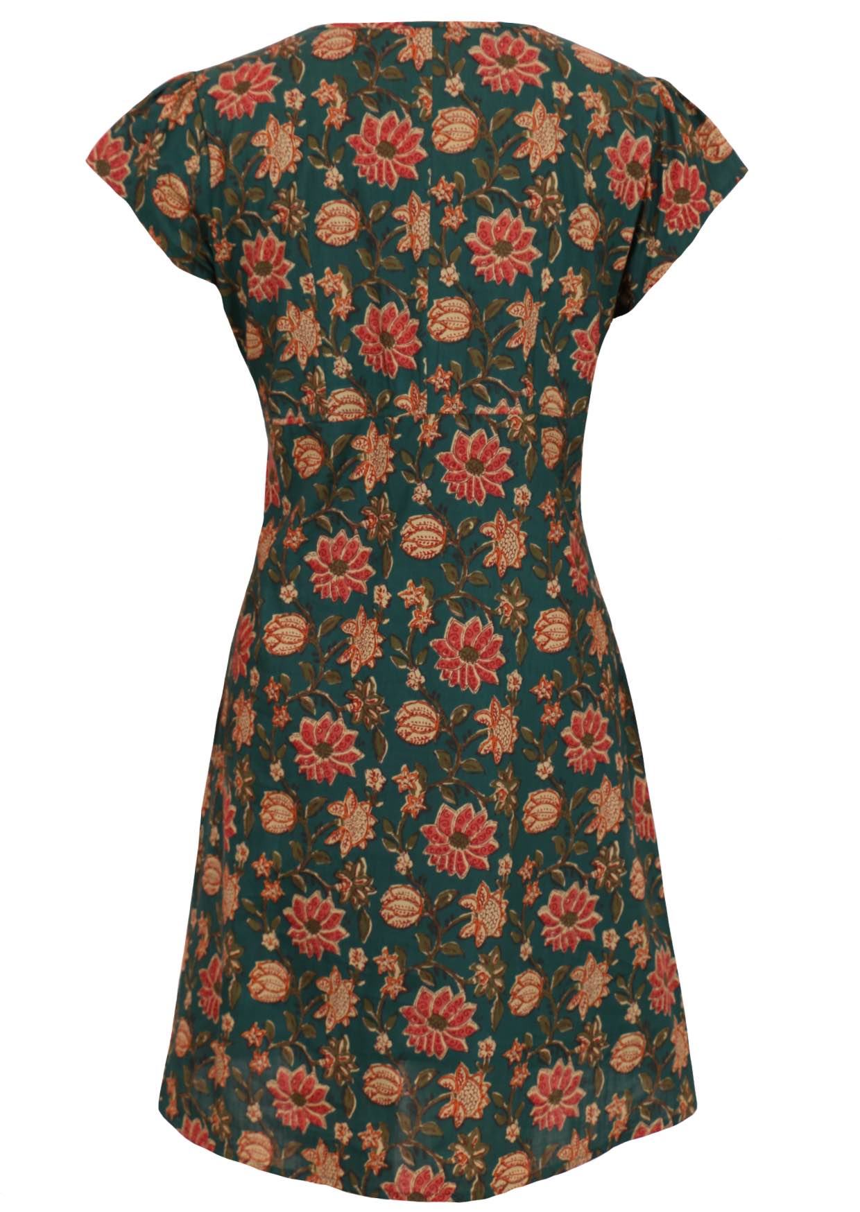 Back image of a above knee length green based cotton dress with short sleeves and round neck.