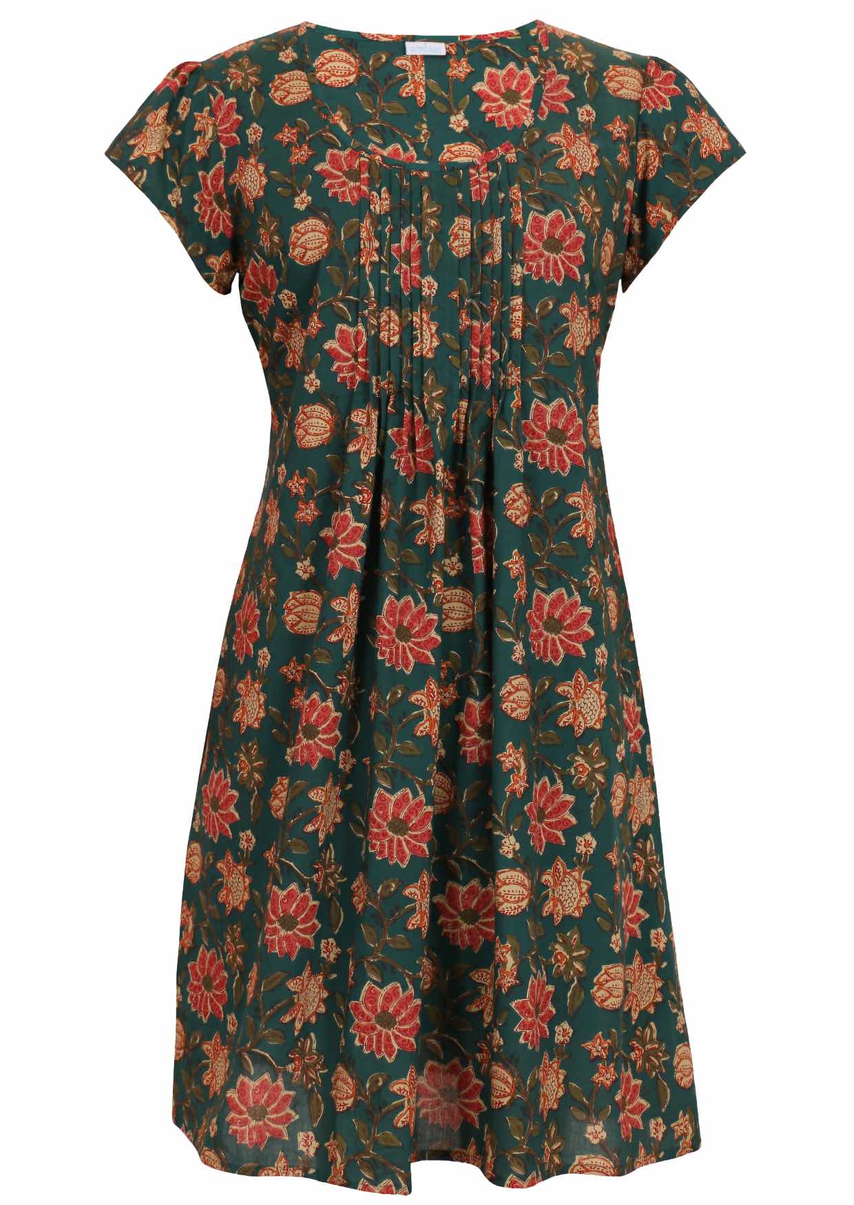 Front mannequin image of a knee length cotton dress in green based floral print, round neckline and pleats across the bodice.