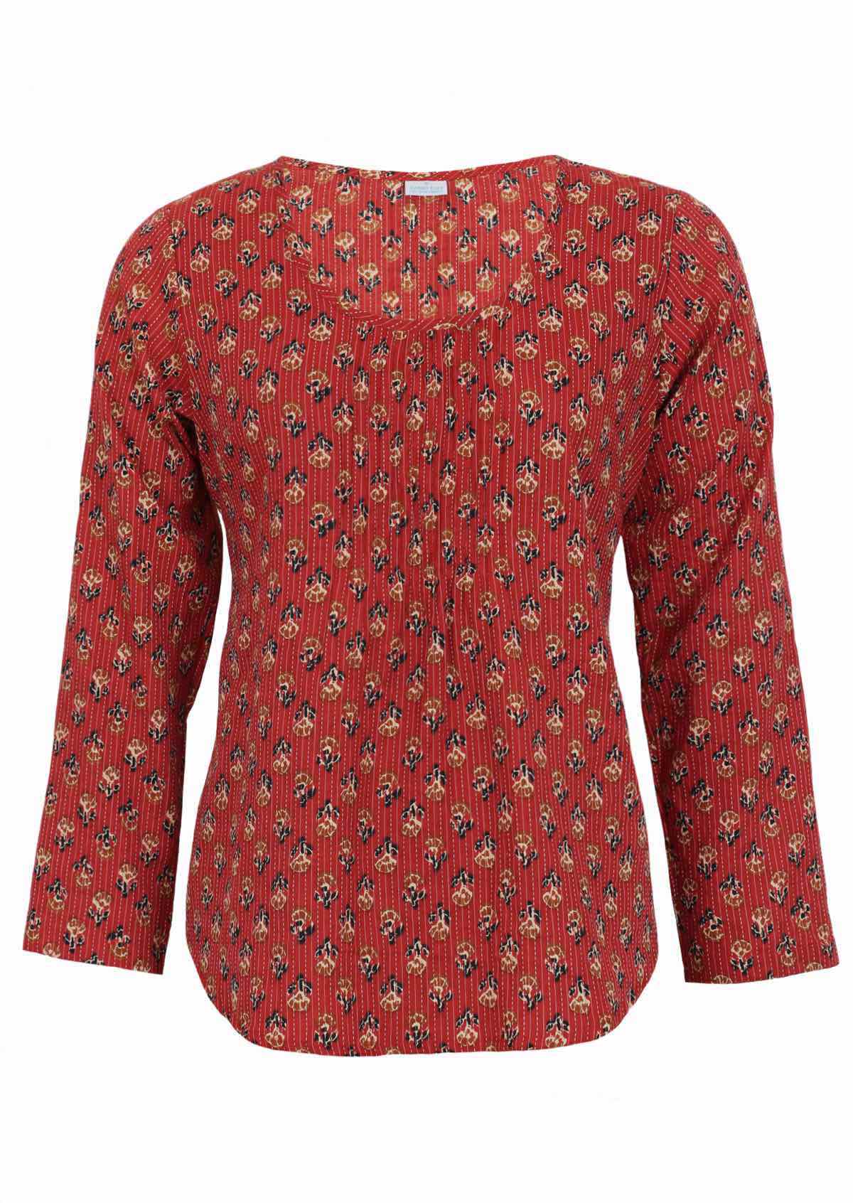 Cotton long sleeve top with flowers and kantha stitches on deep red base