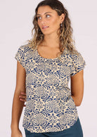 Blue Dahlia stamped look print on cream base cotton top