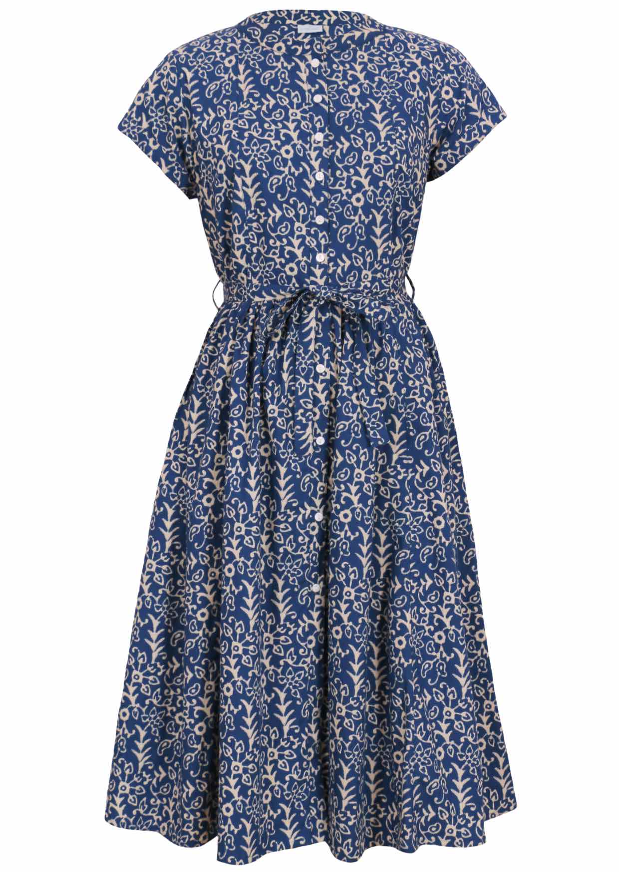 Front mannequin photo of 50's style cotton midi length button through dress with cap sleeves, high round neckline and fabric waist tie
