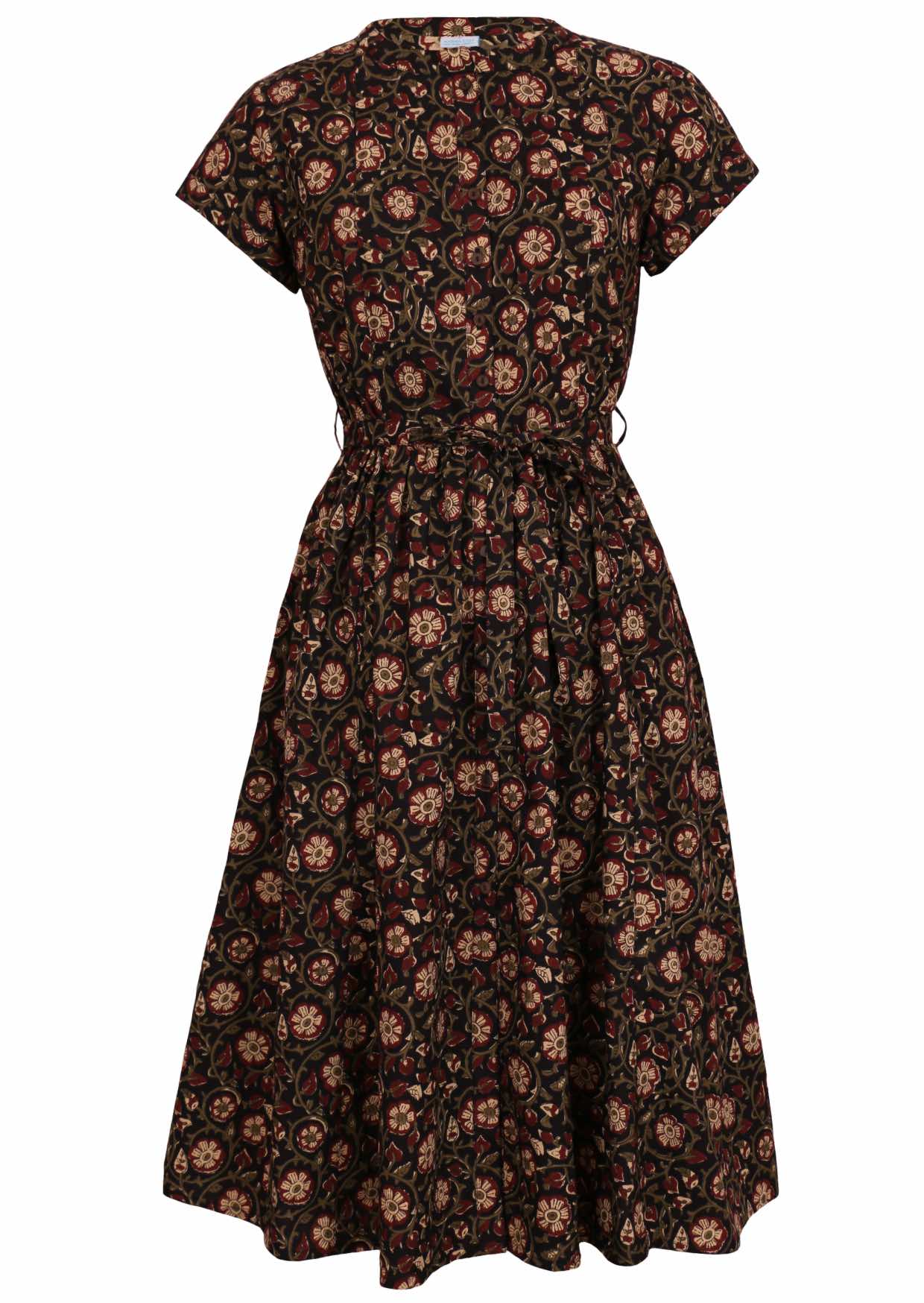 Dark floral printed cotton button through dress with mandarin collar, short sleeves and hidden side pockets.