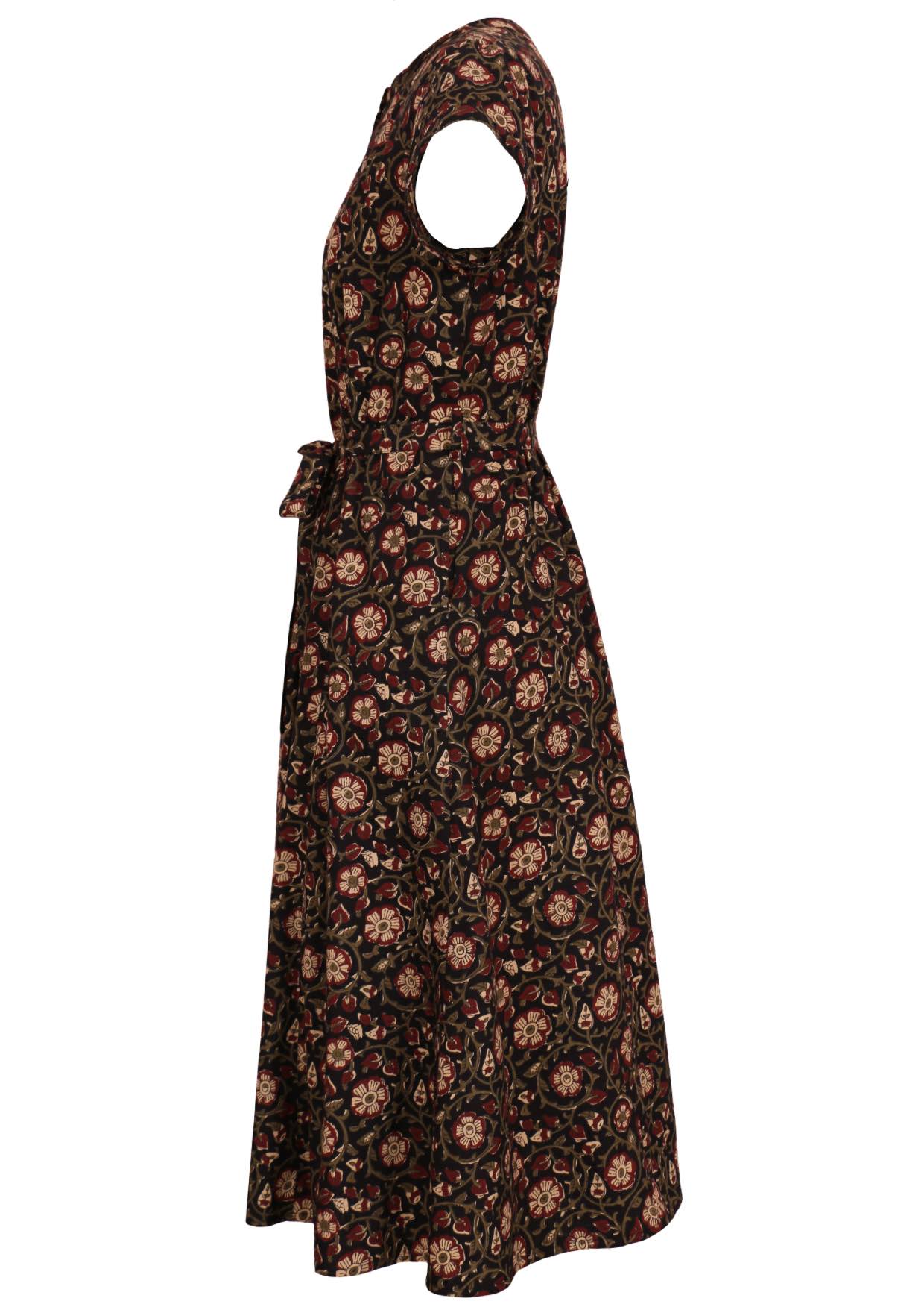 Side image of black floral printed cotton dress with short sleeves, waist tie and pockets.