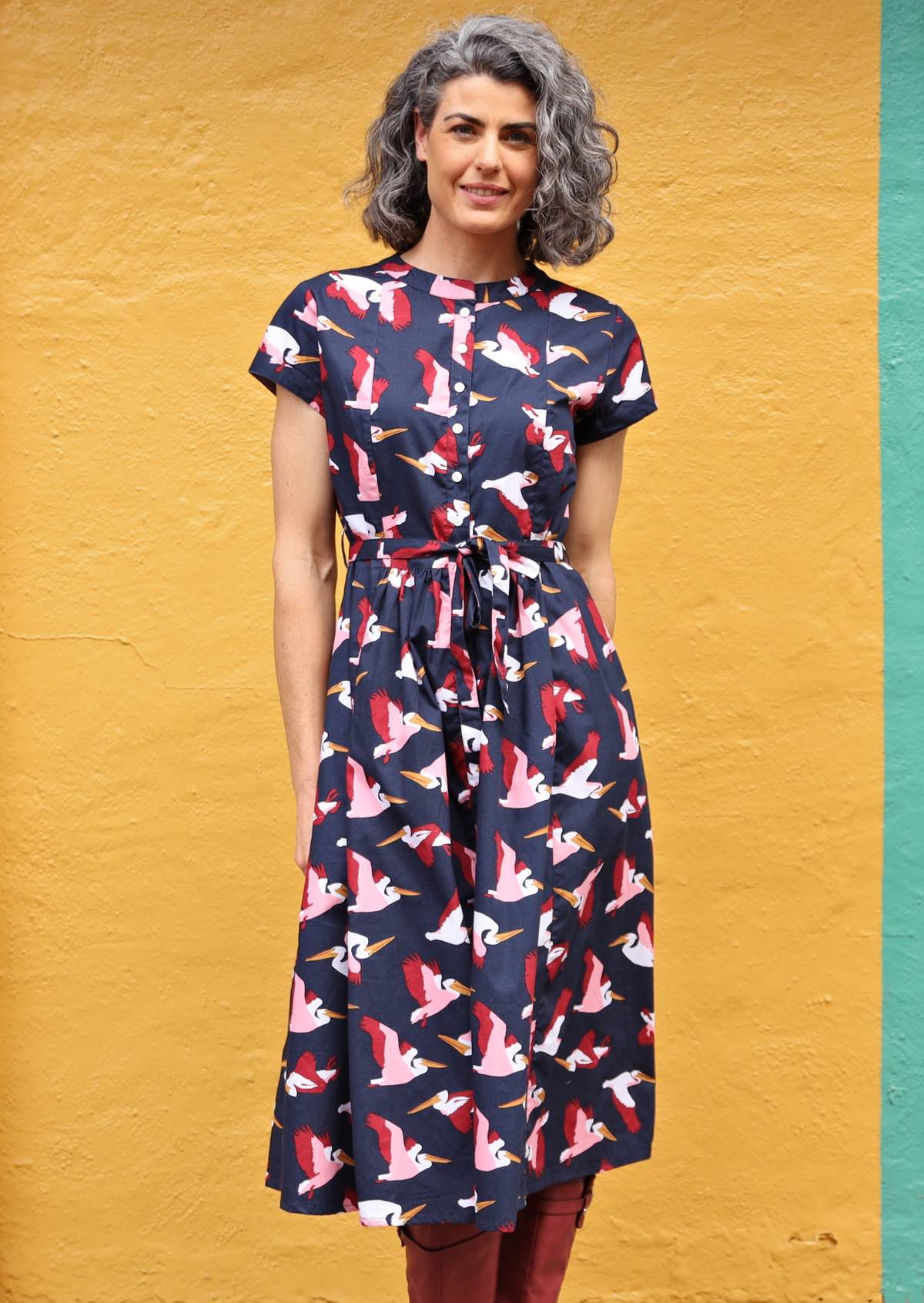 cotton retro dress with fabric belt and pockets