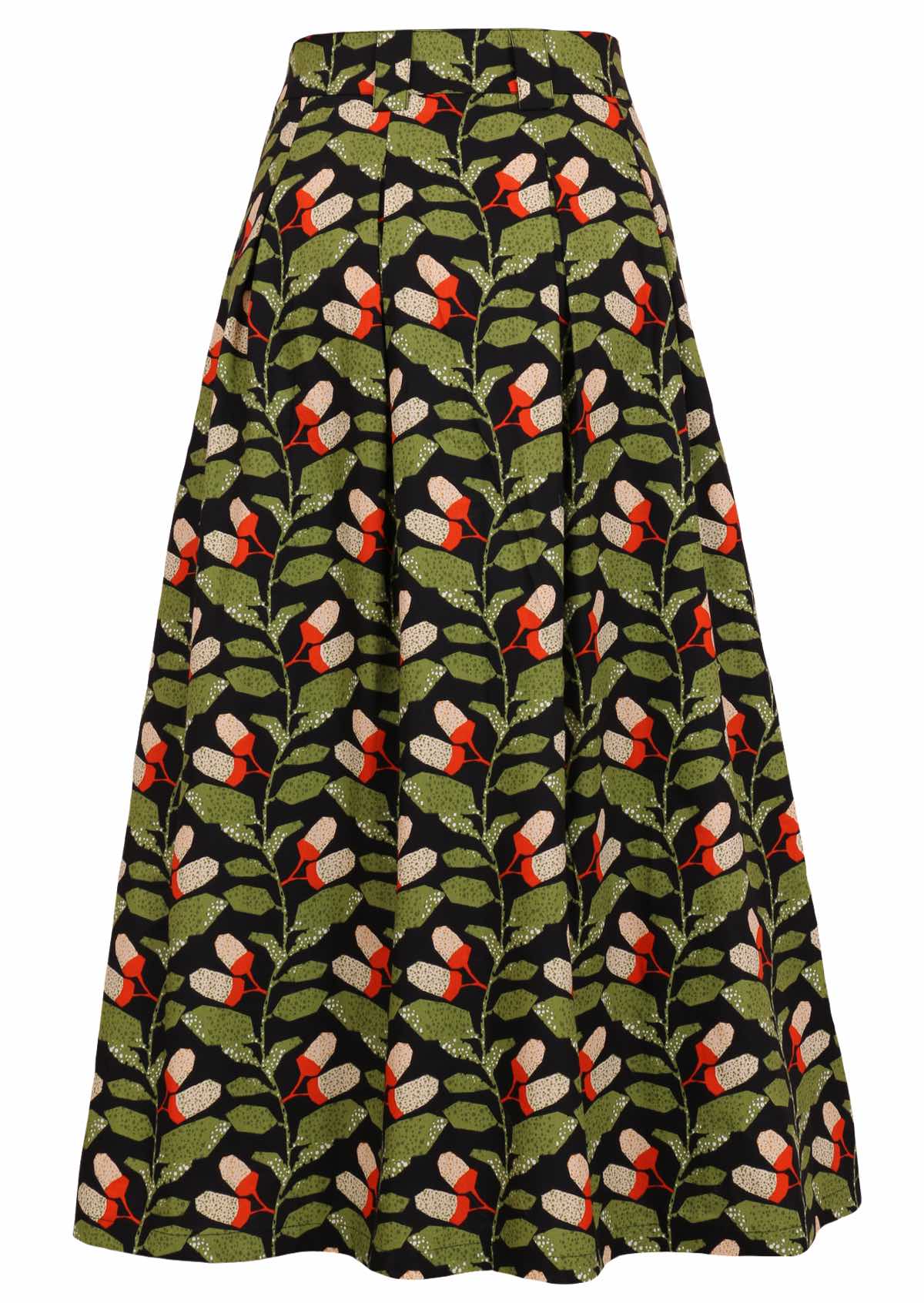 Cora Skirt Oak green and black print cotton mannequin back pic