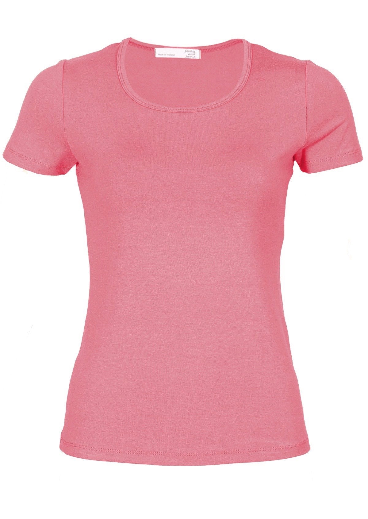 Front view women's scoop neck pink rayon fitted t-shirt.