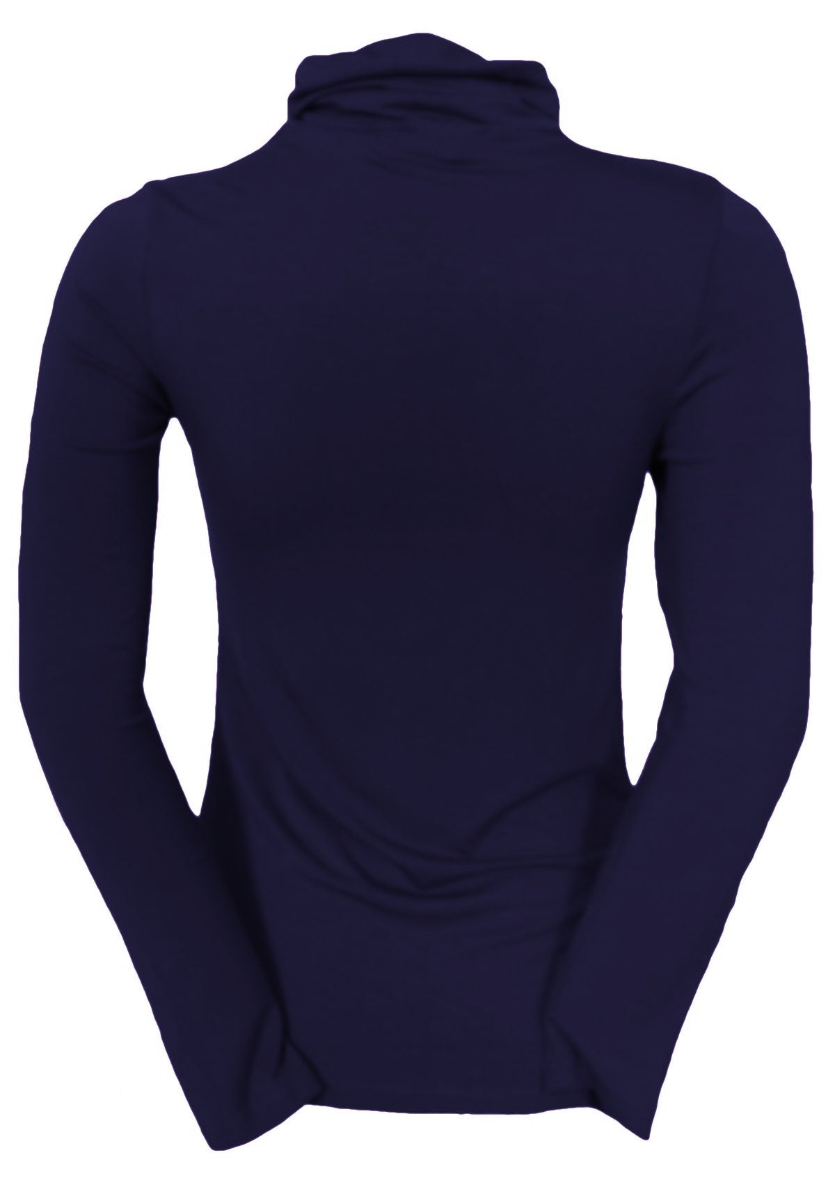 Back view of women's turtleneck navy blue fitted long sleeve soft stretch rayon top.