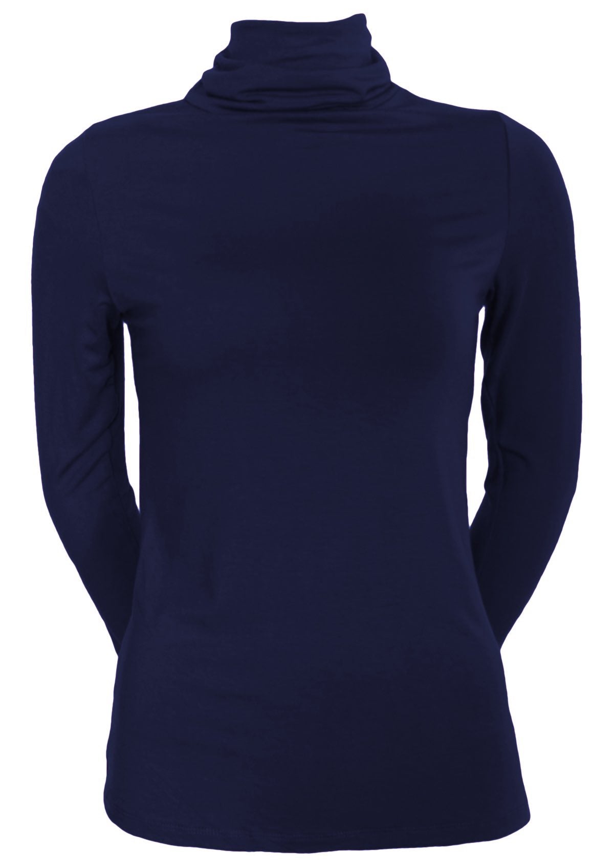 Front view of women's turtleneck navy blue fitted long sleeve soft stretch rayon top.