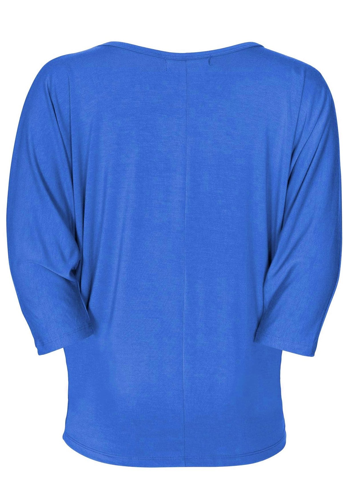 Back view women's 3/4 sleeve rayon batwing v-neck blue top.
