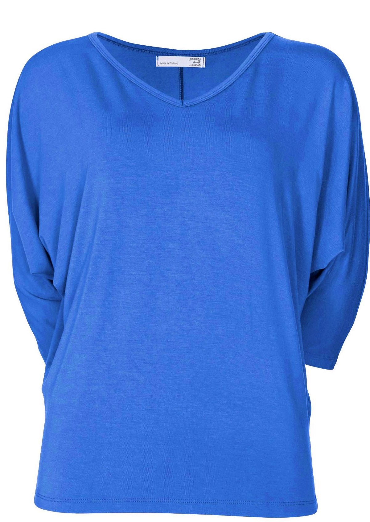 Front view of women's 3/4 sleeve rayon batwing v-neck blue top.
