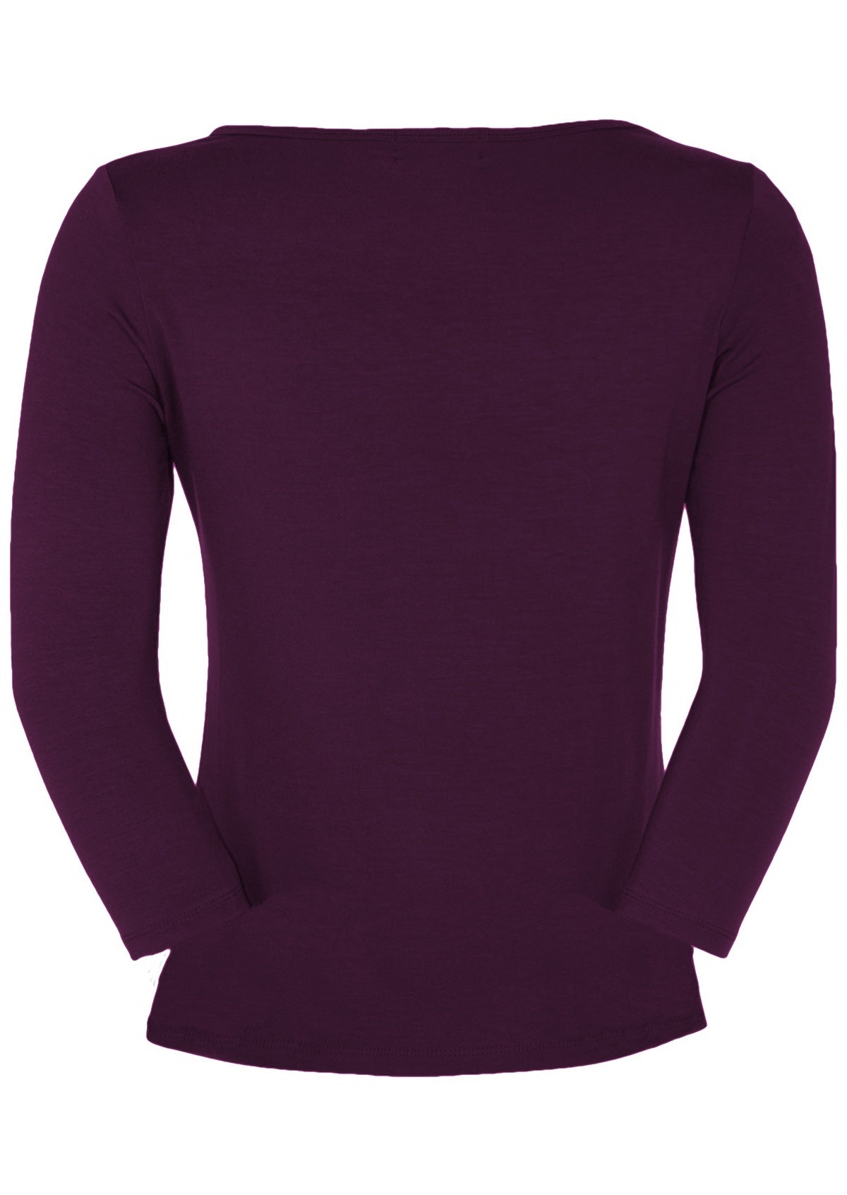 Back view of women's rayon boat neck purple 3/4 sleeve top.