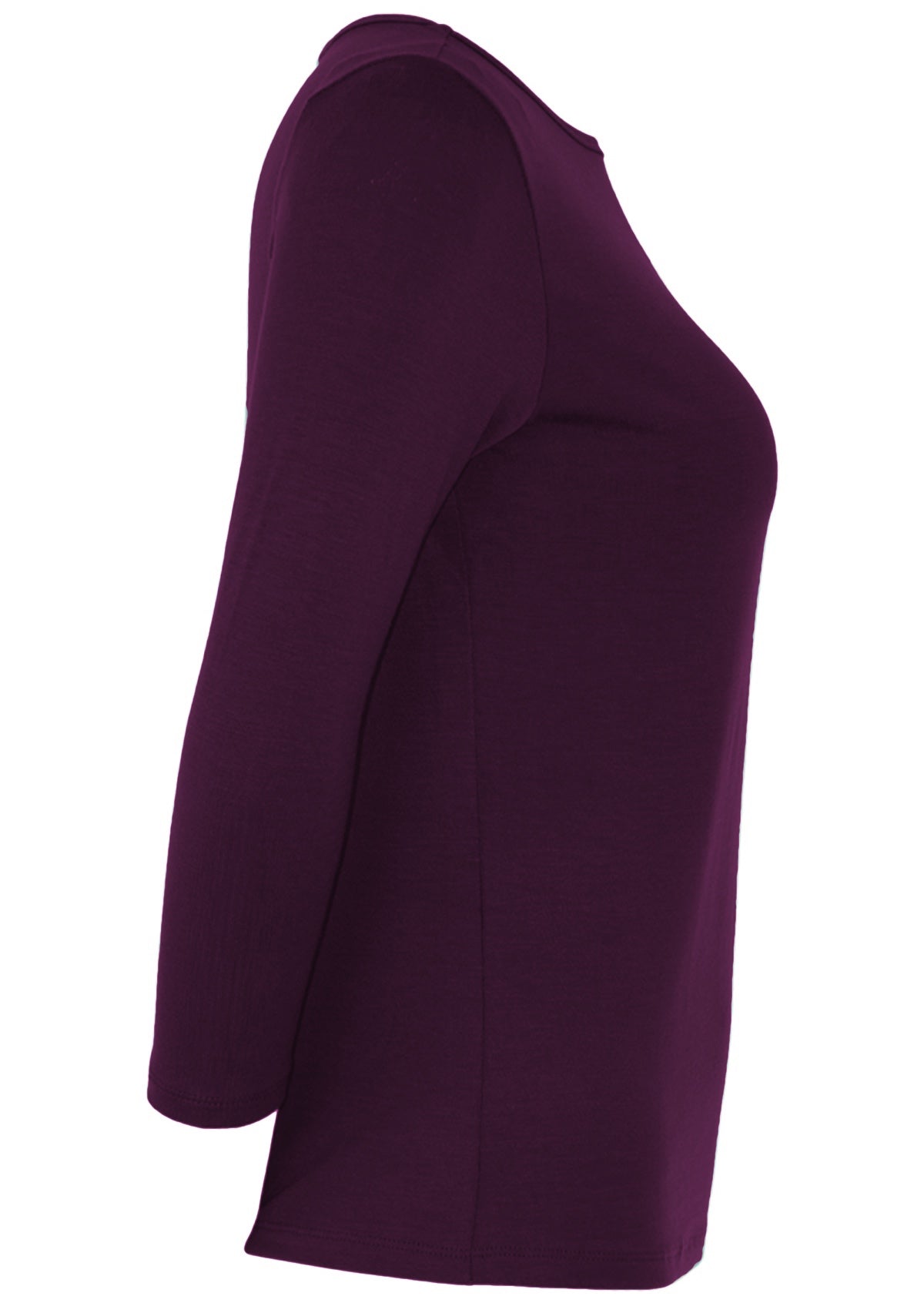 Side view of women's rayon boat neck purple 3/4 sleeve top.