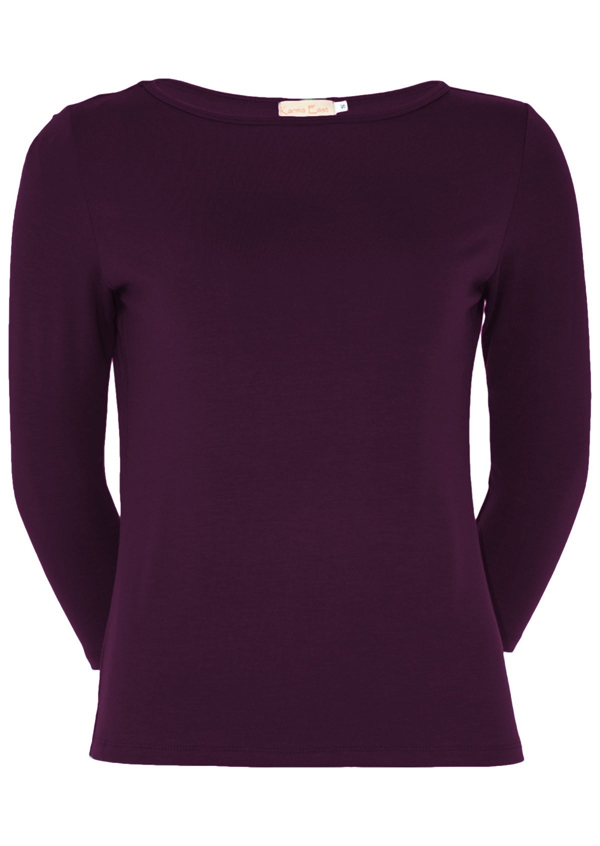 Front view of women's rayon boat neck purple 3/4 sleeve top.