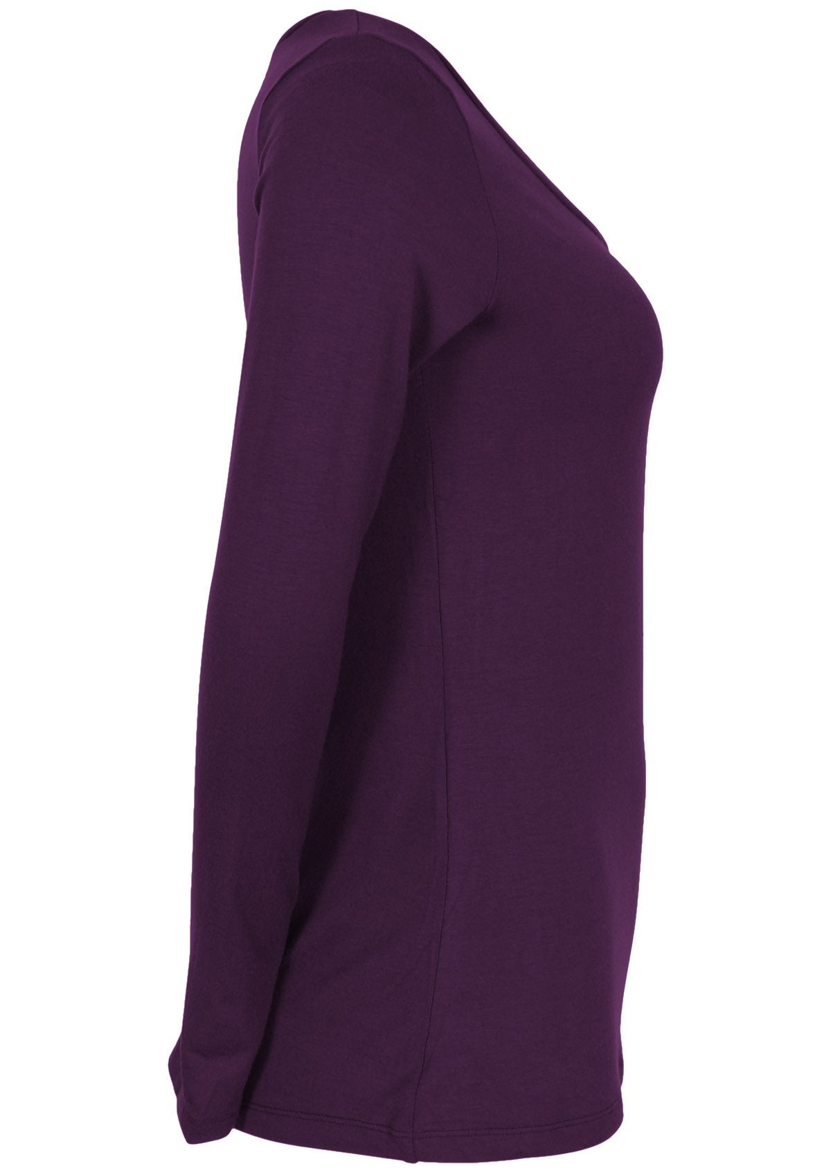 Side view of women's purple long sleeve stretch v-neck soft rayon top.