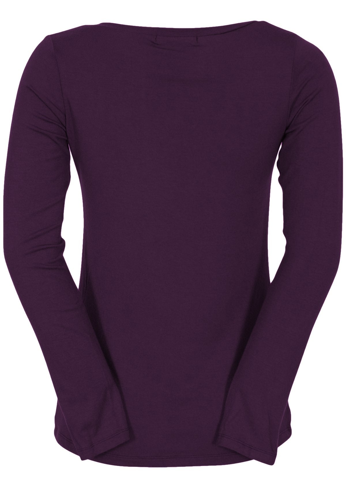 Back view of women's purple long sleeve stretch v-neck soft rayon top.