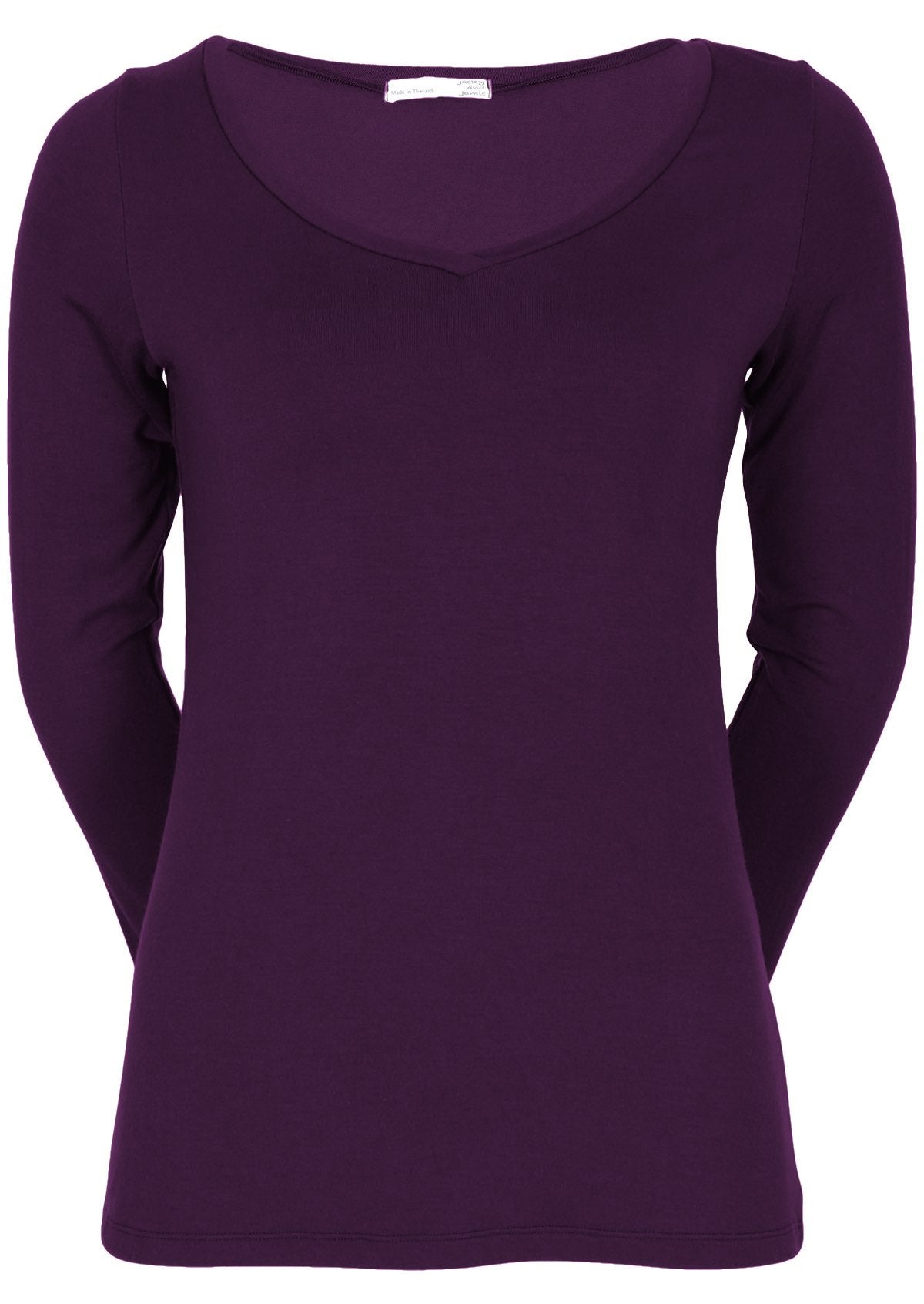 Front view of women's purple long sleeve stretch v-neck soft rayon top.