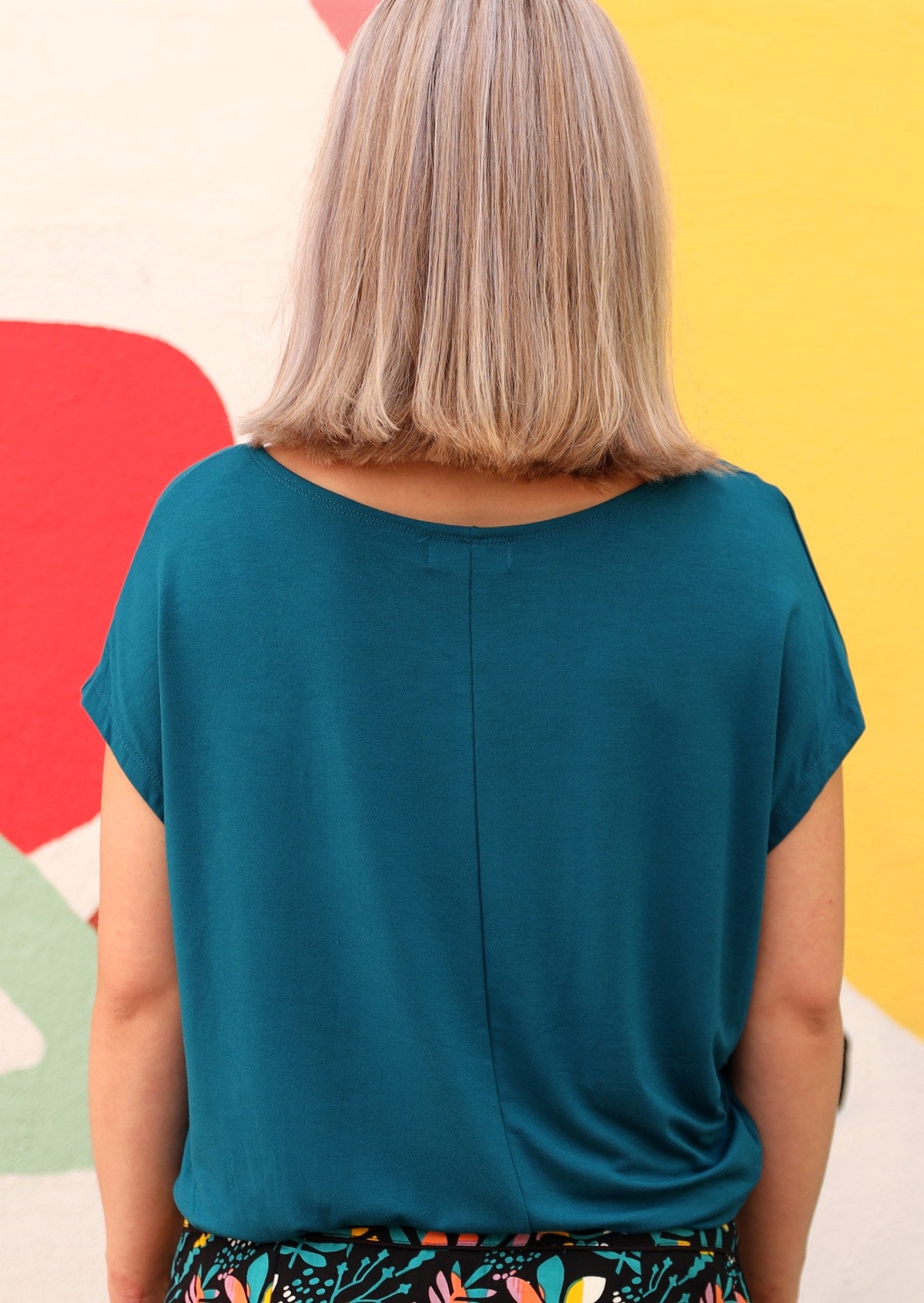 back view seam down back basic teal rayon womens top