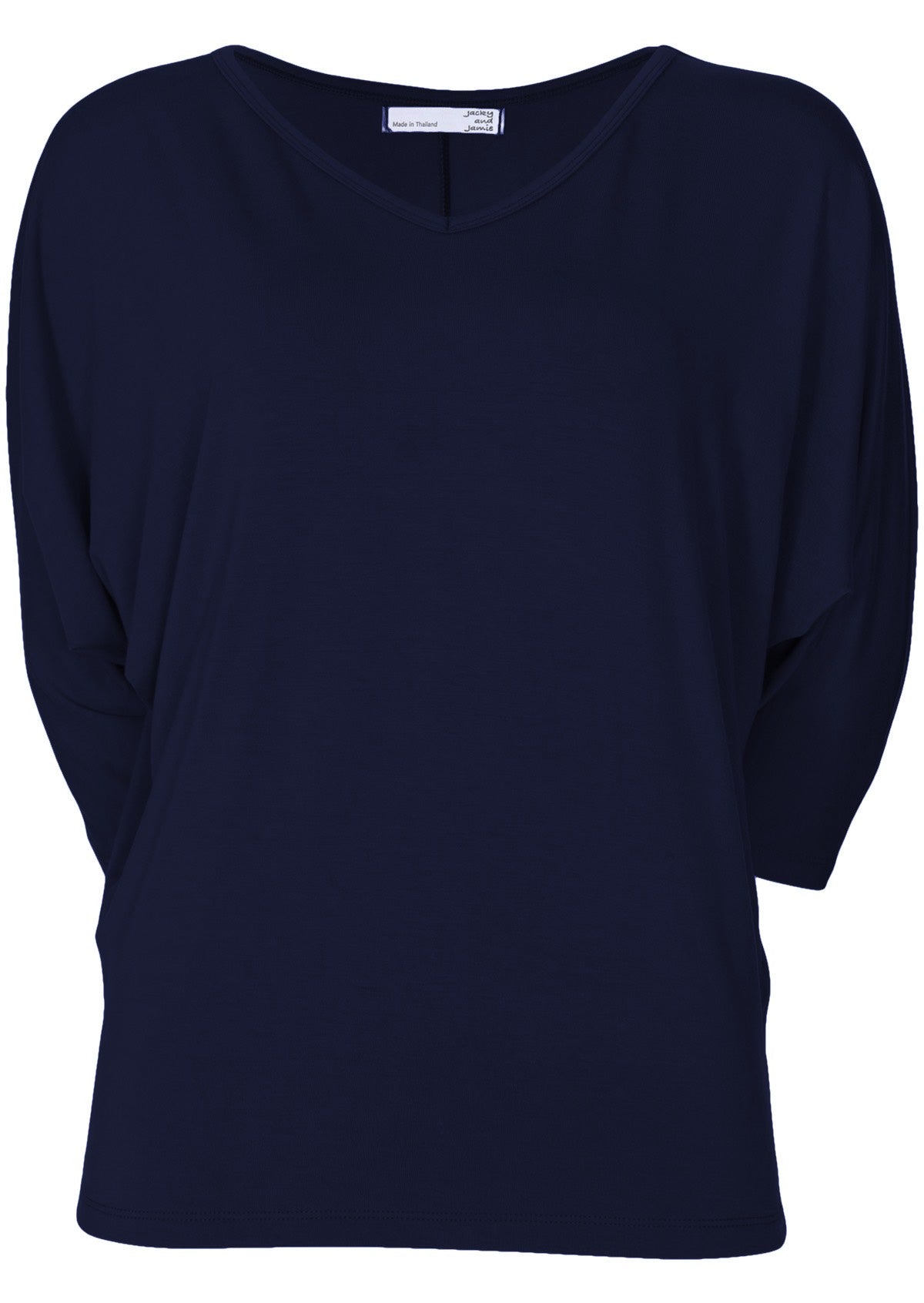 Front view of women's 3/4 sleeve rayon batwing v-neck navy blue top.
