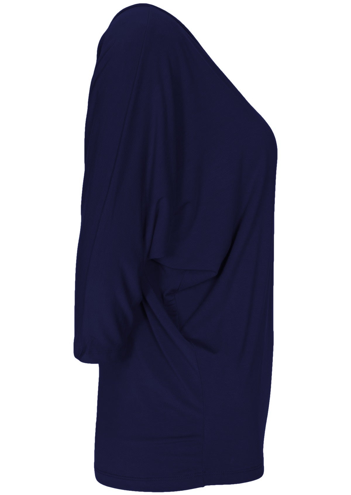 Side view of women's 3/4 sleeve rayon batwing v-neck navy blue top.
