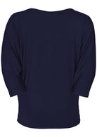 Back view of women's 3/4 sleeve rayon batwing v-neck navy blue top.