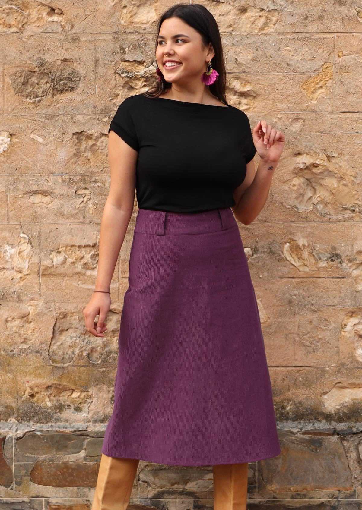 Belt Loop Cord Skirt a-line below knee length wide waistband yoke belt loops back pockets side zipper 100% cotton corduroy purple | Karma East Australia