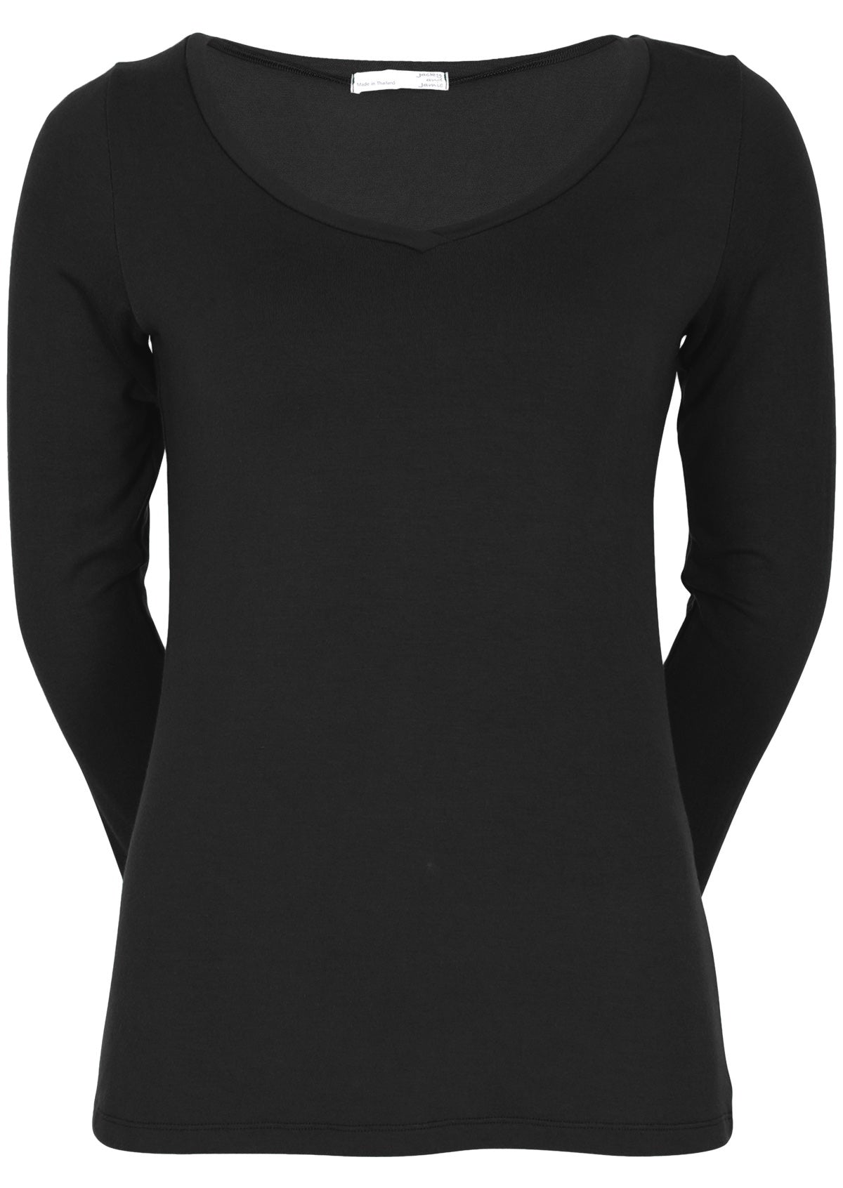 Front view of women's black long sleeve stretch v-neck soft rayon top.