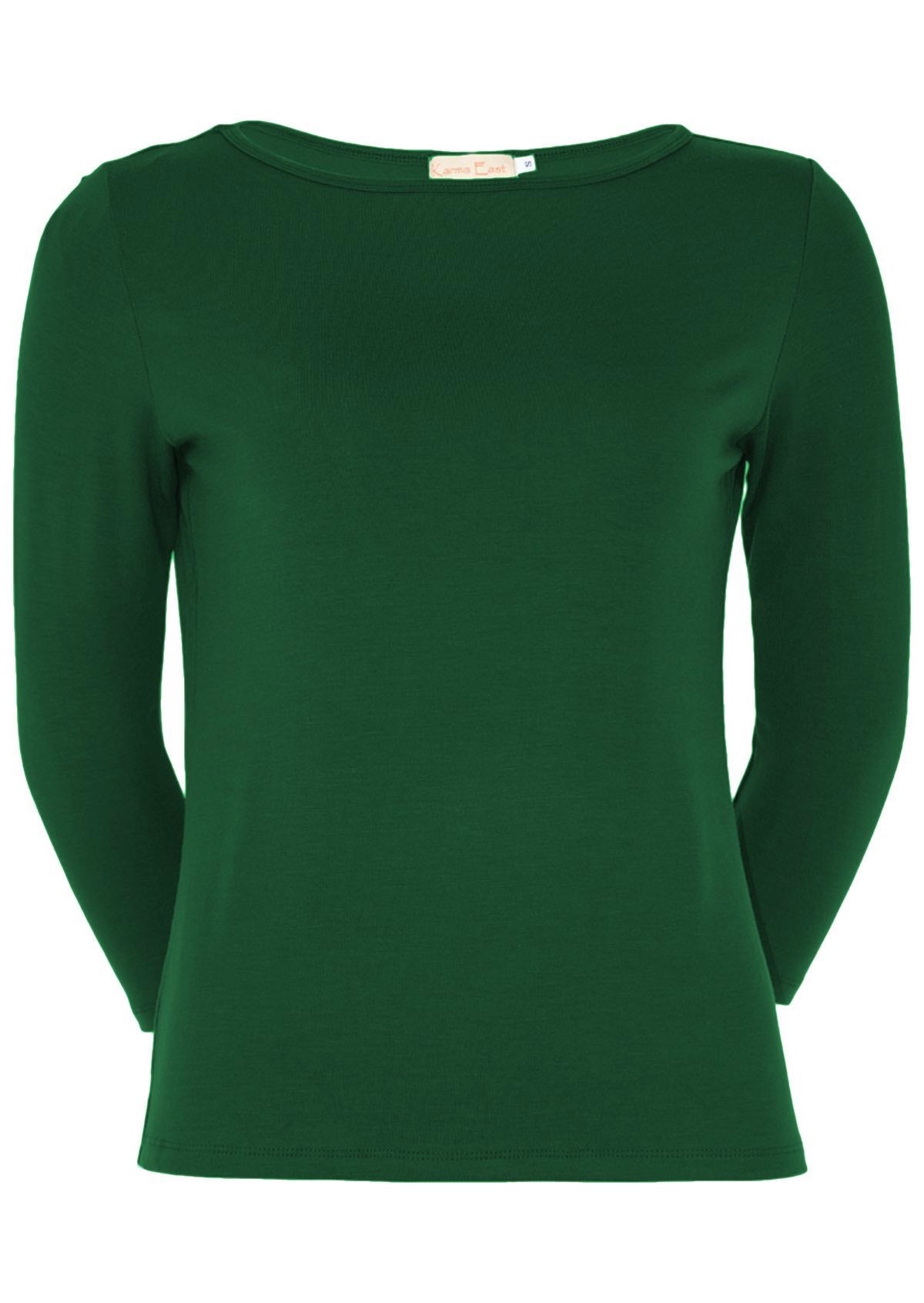 Front view of women's rayon boat neck green 3/4 sleeve top.