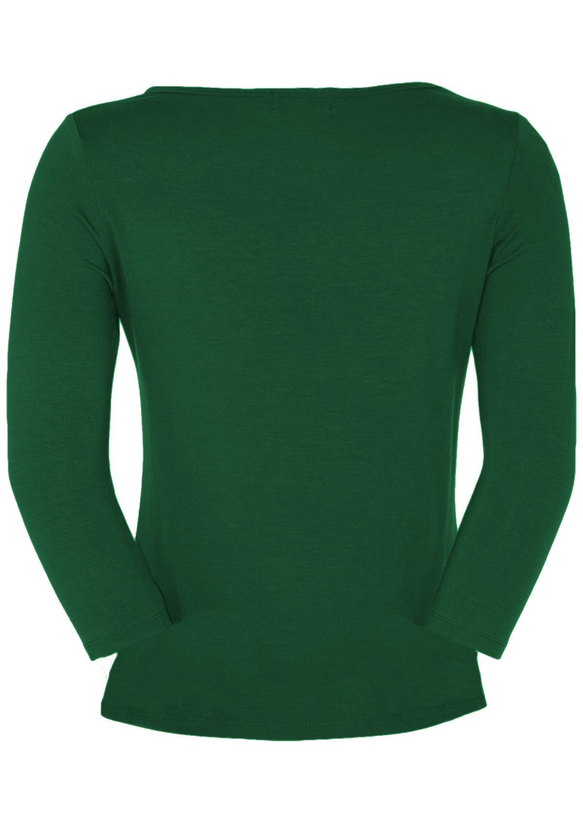 Back view of women's rayon boat neck green 3/4 sleeve top.