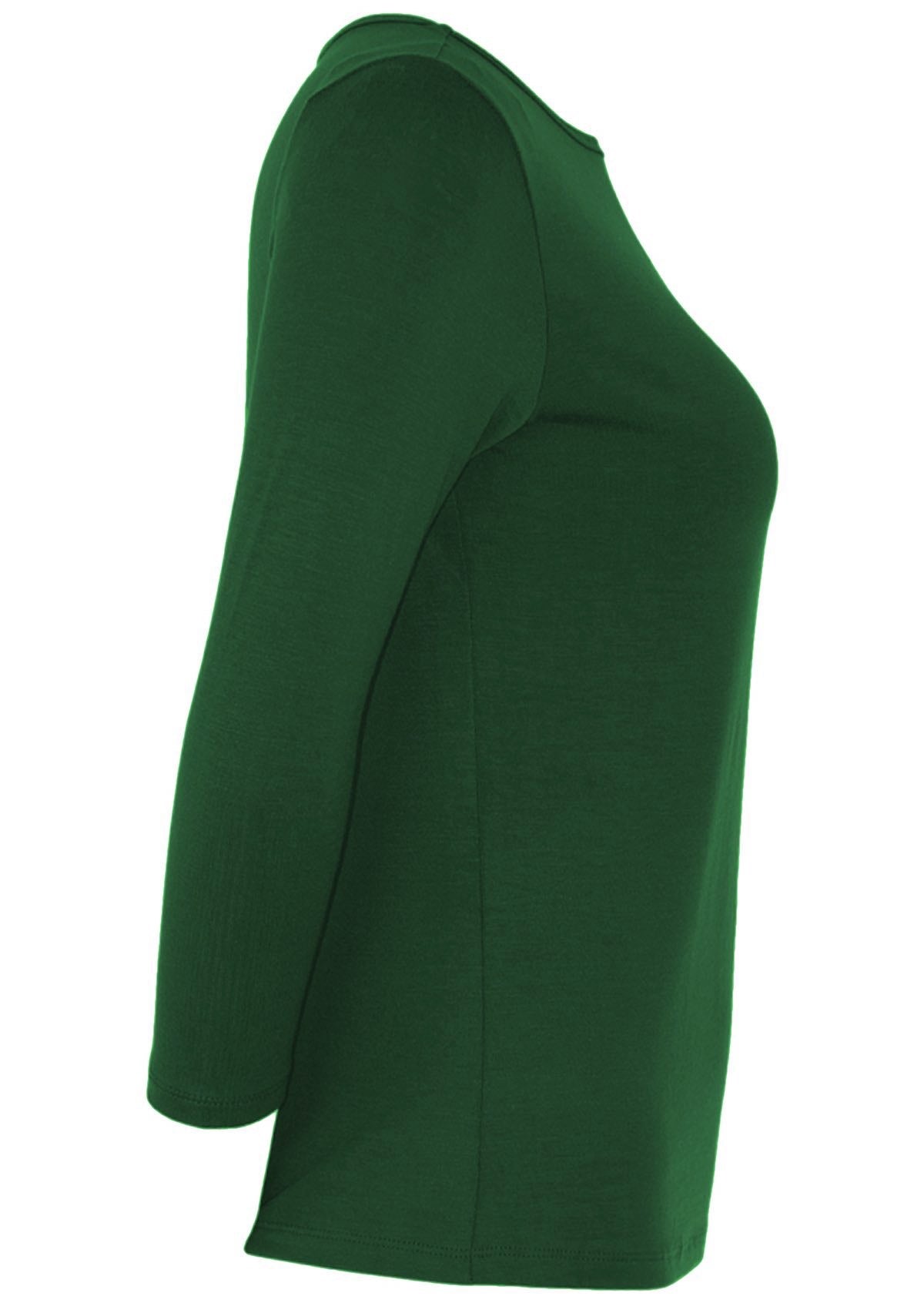 Side view of women's rayon boat neck green 3/4 sleeve top.
