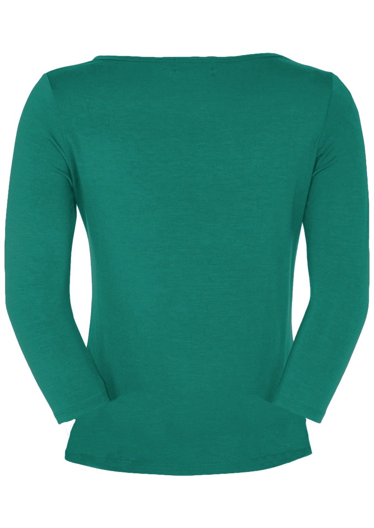 Back view of women's rayon boat neck green 3/4 sleeve top.