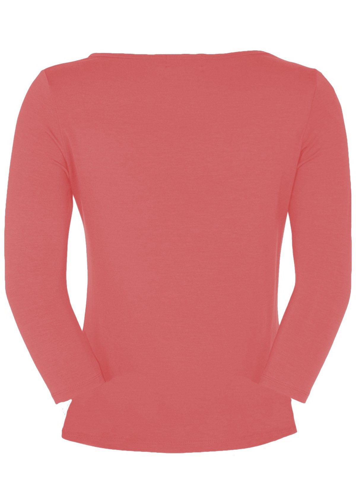 Back view of women's rayon boat neck pink 3/4 sleeve top.