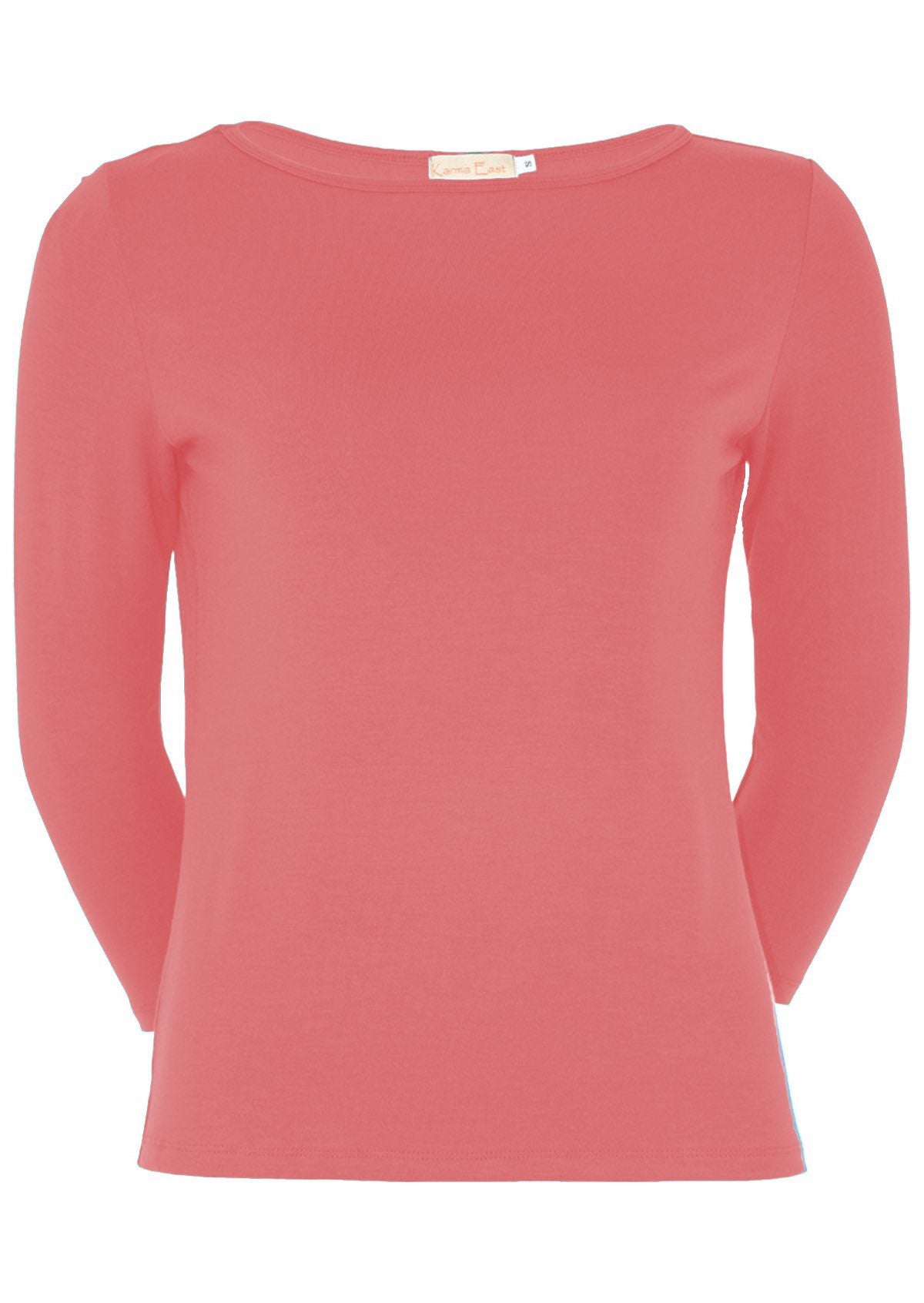 Front view of women's rayon boat neck pink 3/4 sleeve top.