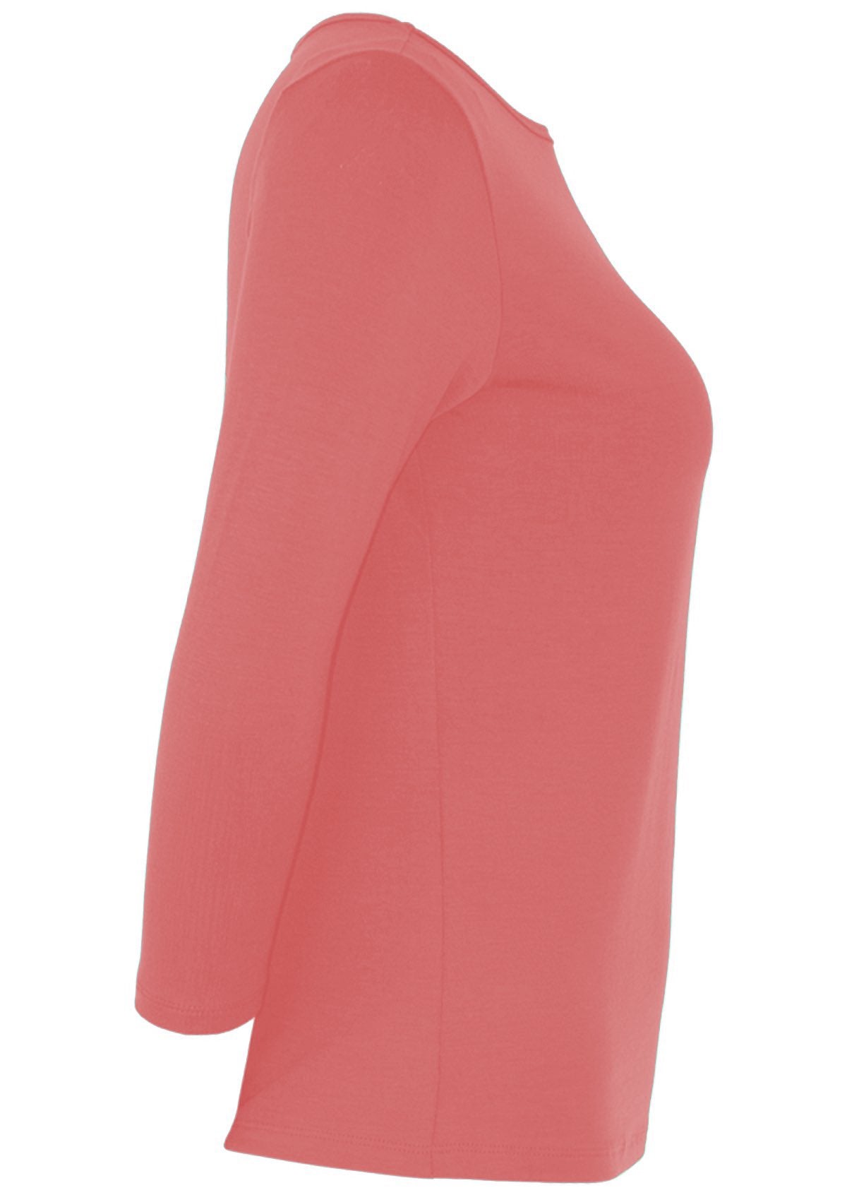 Side view of women's rayon boat neck pink 3/4 sleeve top.