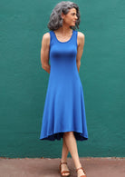Concave Hem Dress round neck sleeveless a-line skirt concave hem soft stretch rayon blue | Karma East Australia