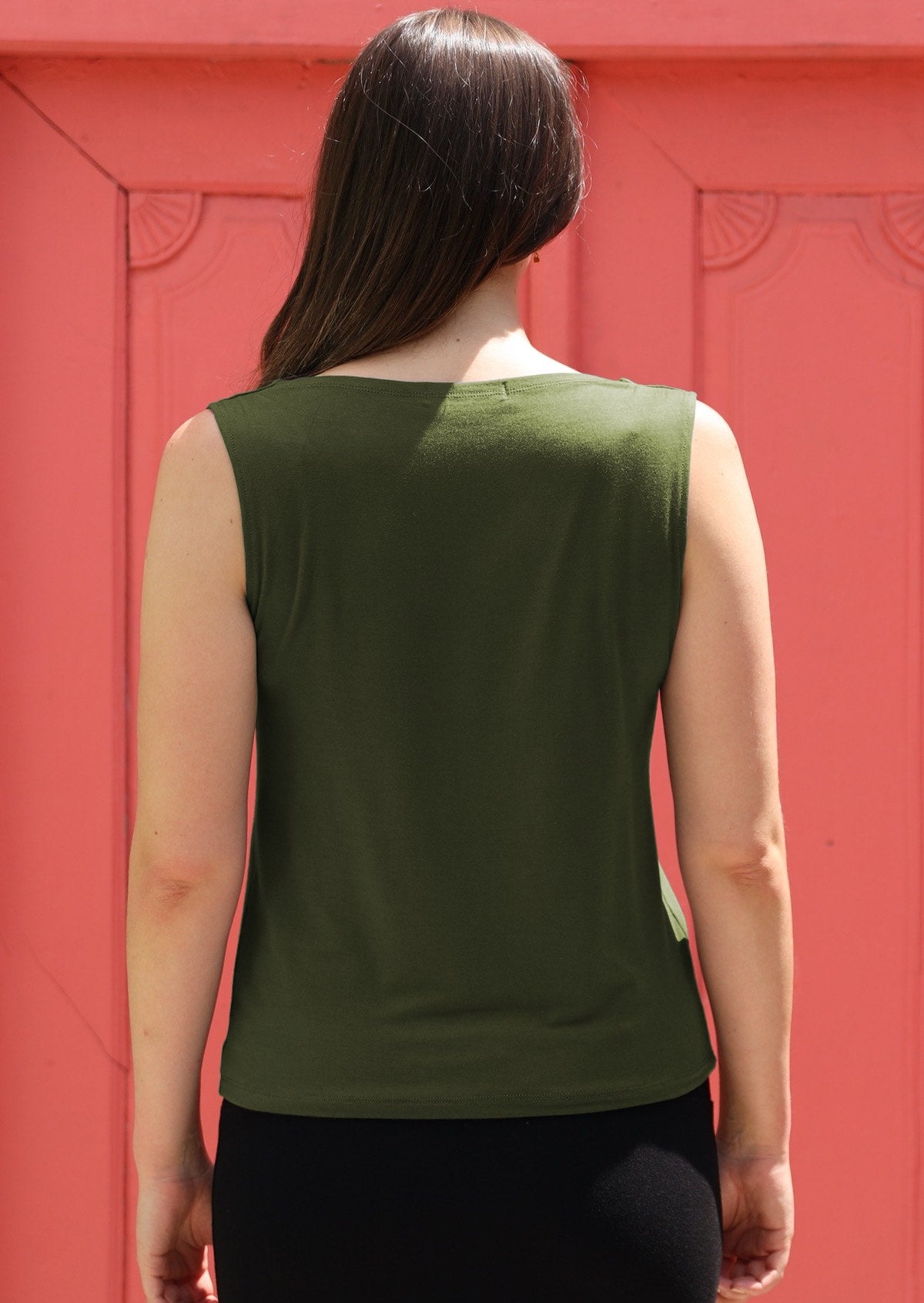 Back view jersey rayon olive green women's singlet top