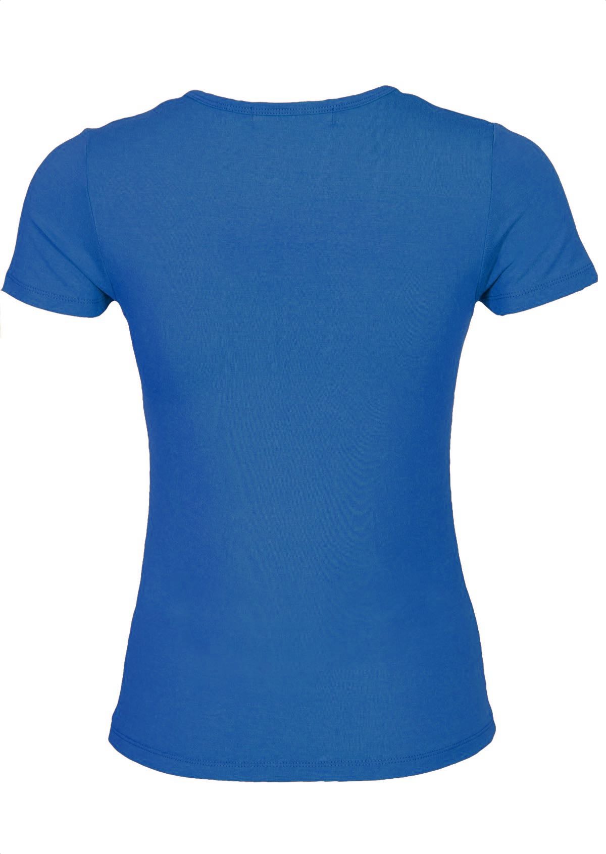 Back view fitted women's blue rayon short sleeve top.